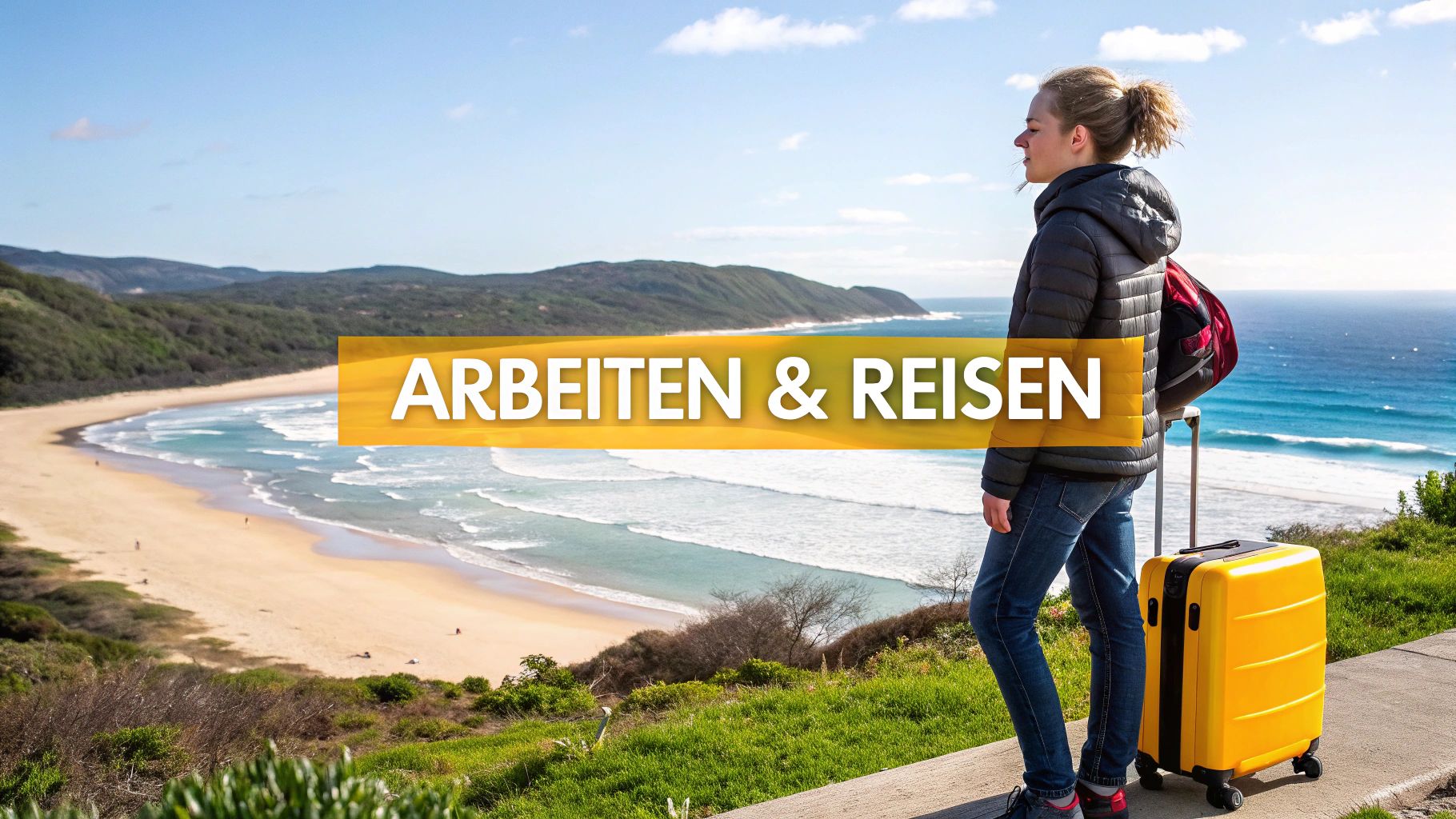 Eine Person blickt auf eine malerische Berg- und Meereslandschaft in Australien
