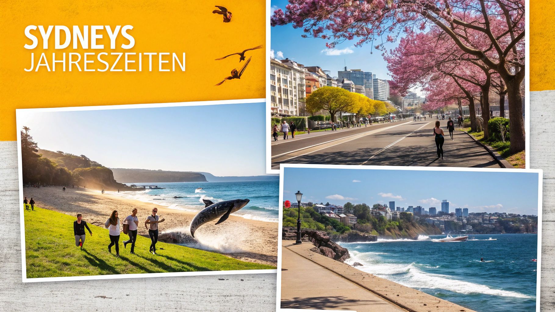 Eine Straße in Sydney, gesäumt von blühenden Jacaranda-Bäumen, die alles in ein leuchtendes Lila tauchen.