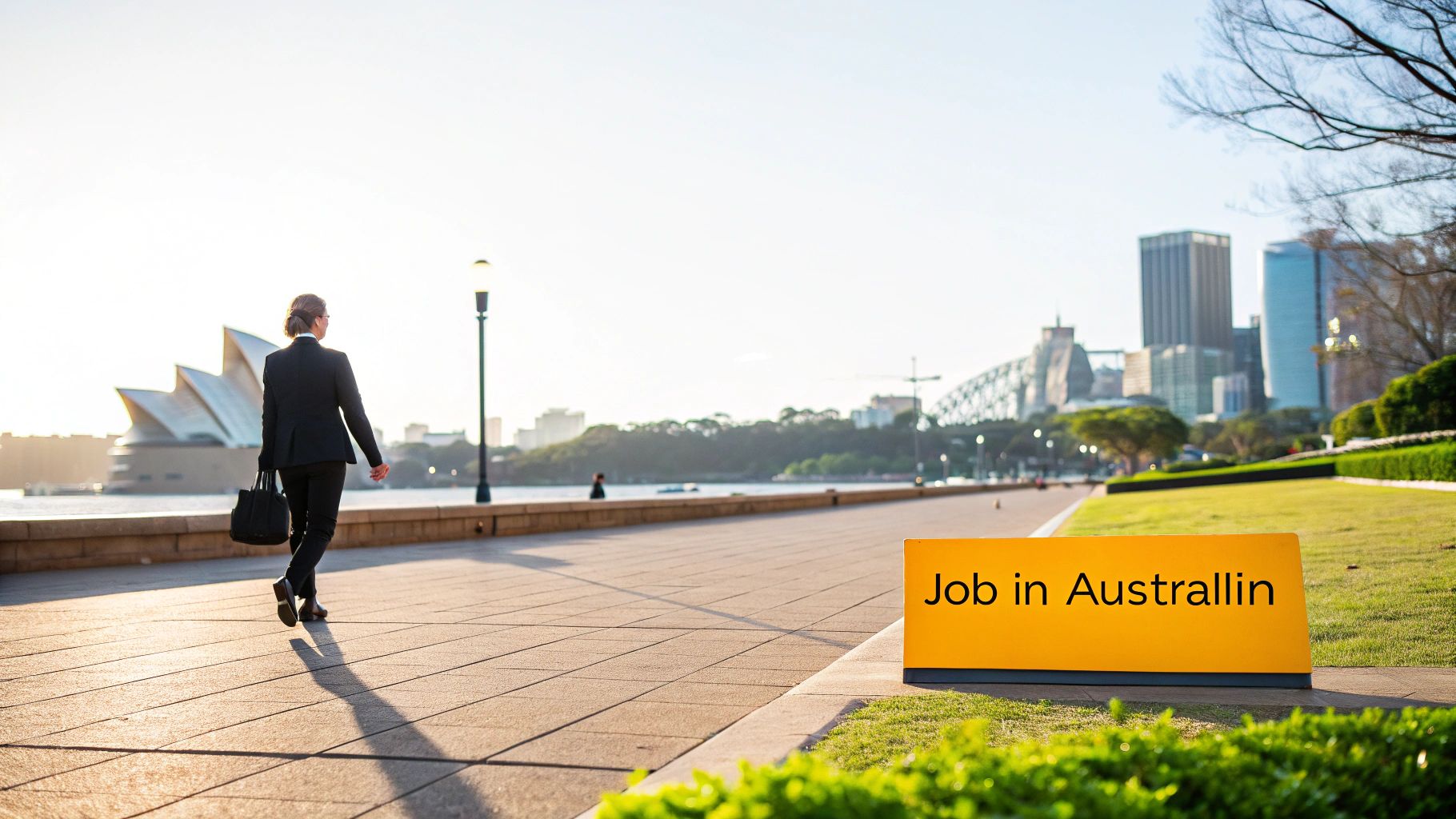 Ein sonniger Blick auf die Skyline von Sydney mit der Harbour Bridge und dem Opera House