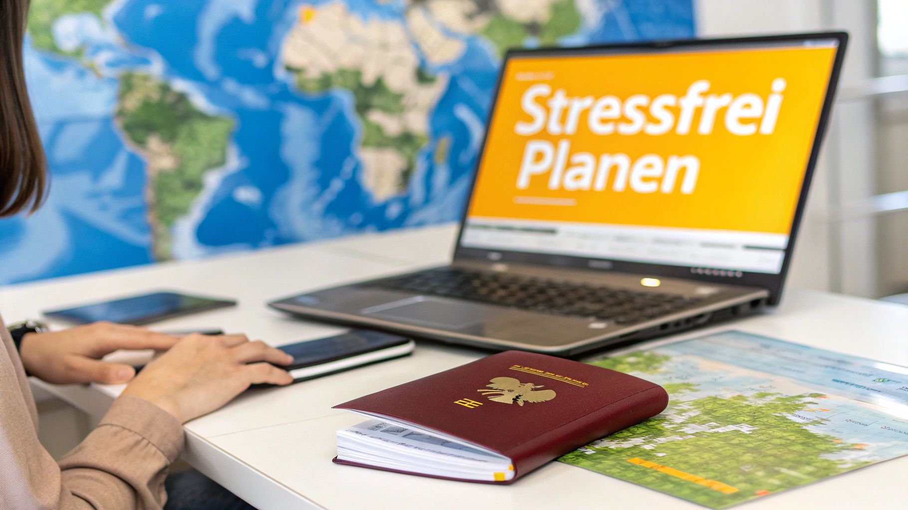 Eine Frau blickt auf eine Weltkarte und plant ihre Flugroute von Deutschland nach Australien.