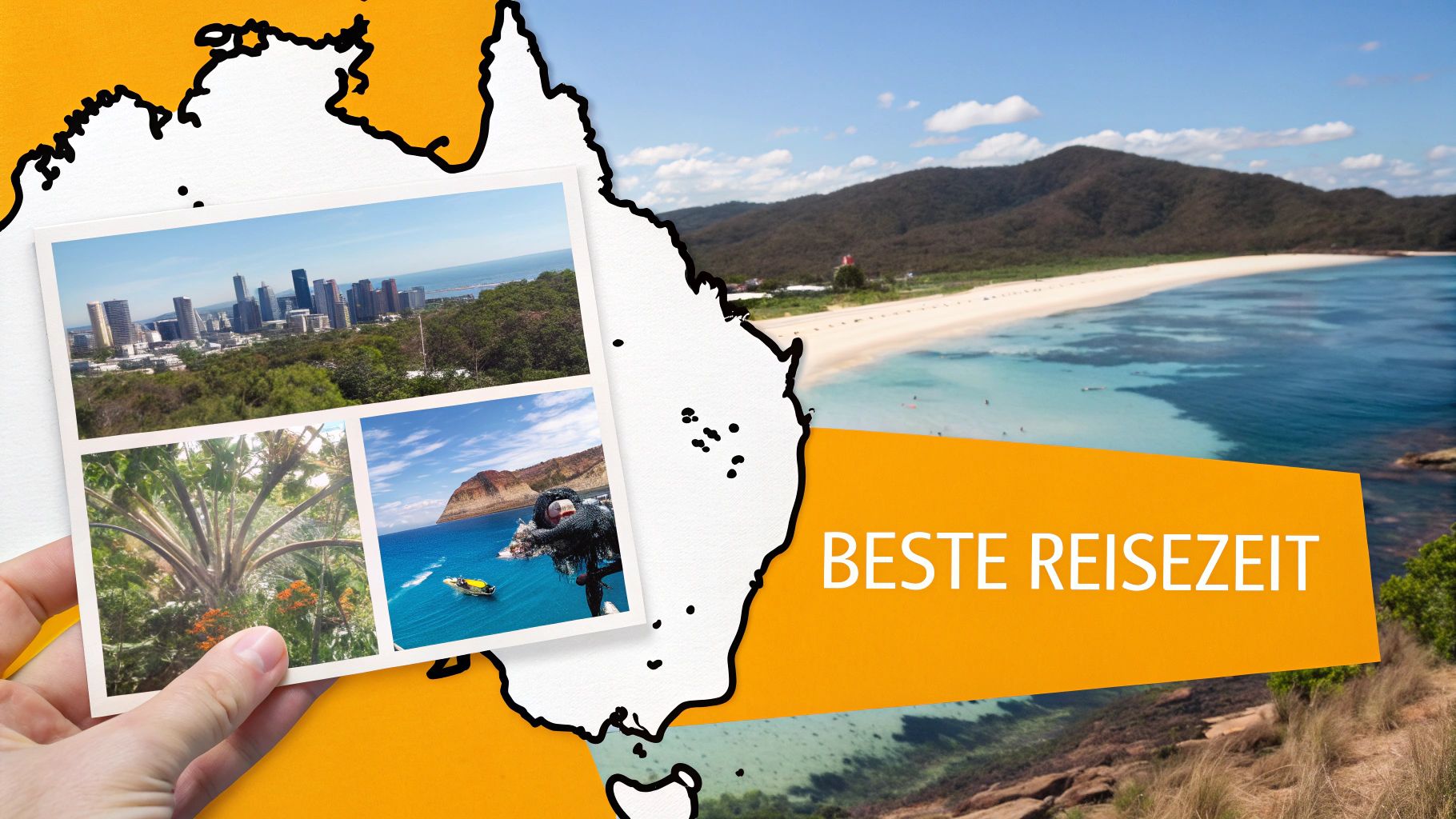 Eine malerische Küstenlandschaft in Australien mit Kängurus am Strand bei Sonnenuntergang.