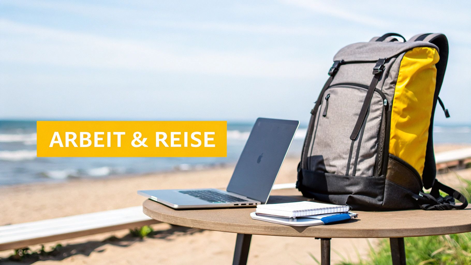 Ein junger Backpacker mit einem großen Rucksack steht auf einer Anhöhe und blickt auf die weite Landschaft des australischen Outbacks.