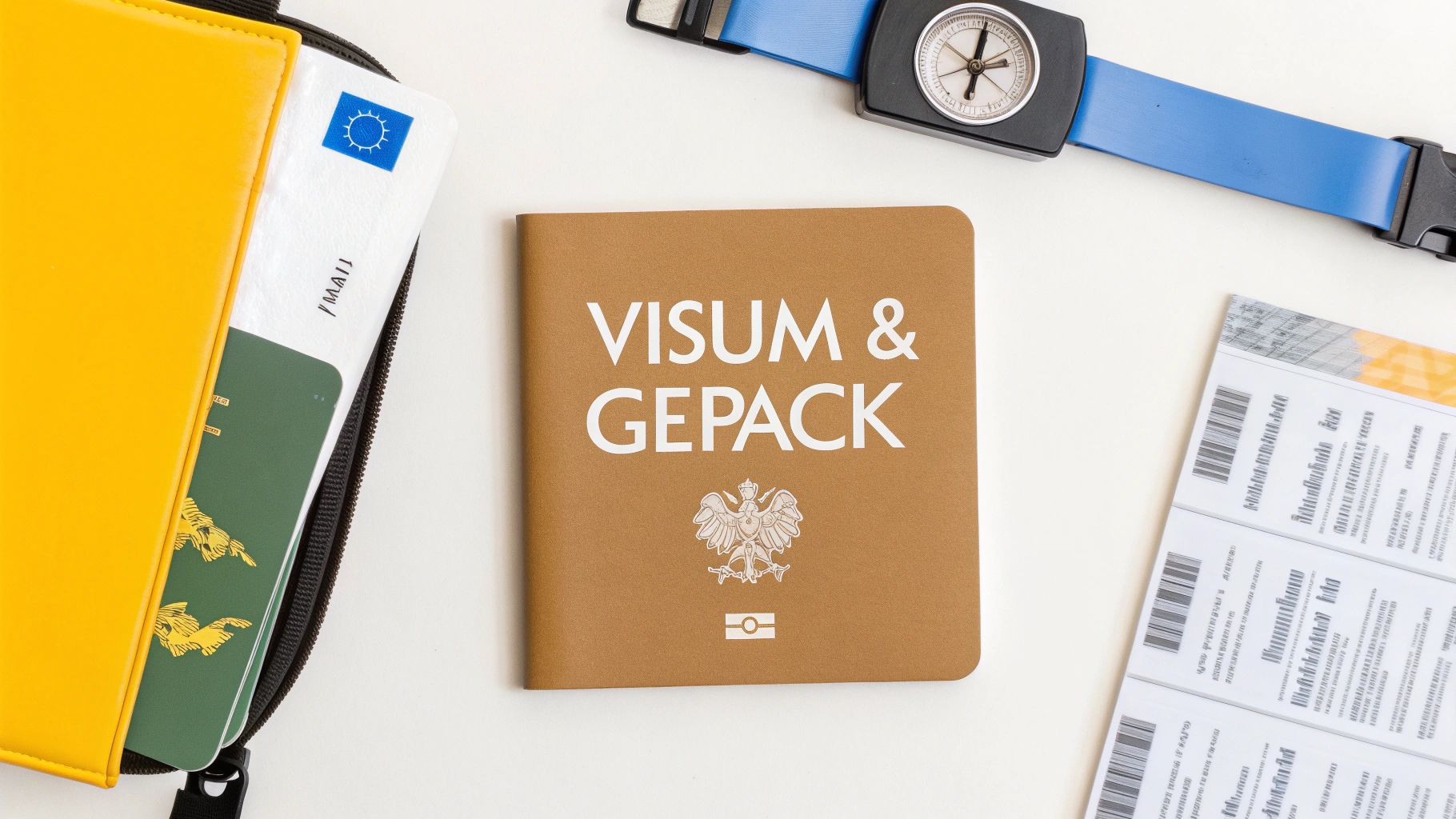 Ein Reisepass und eine Bordkarte liegen auf einem Tisch neben einem Rucksack.