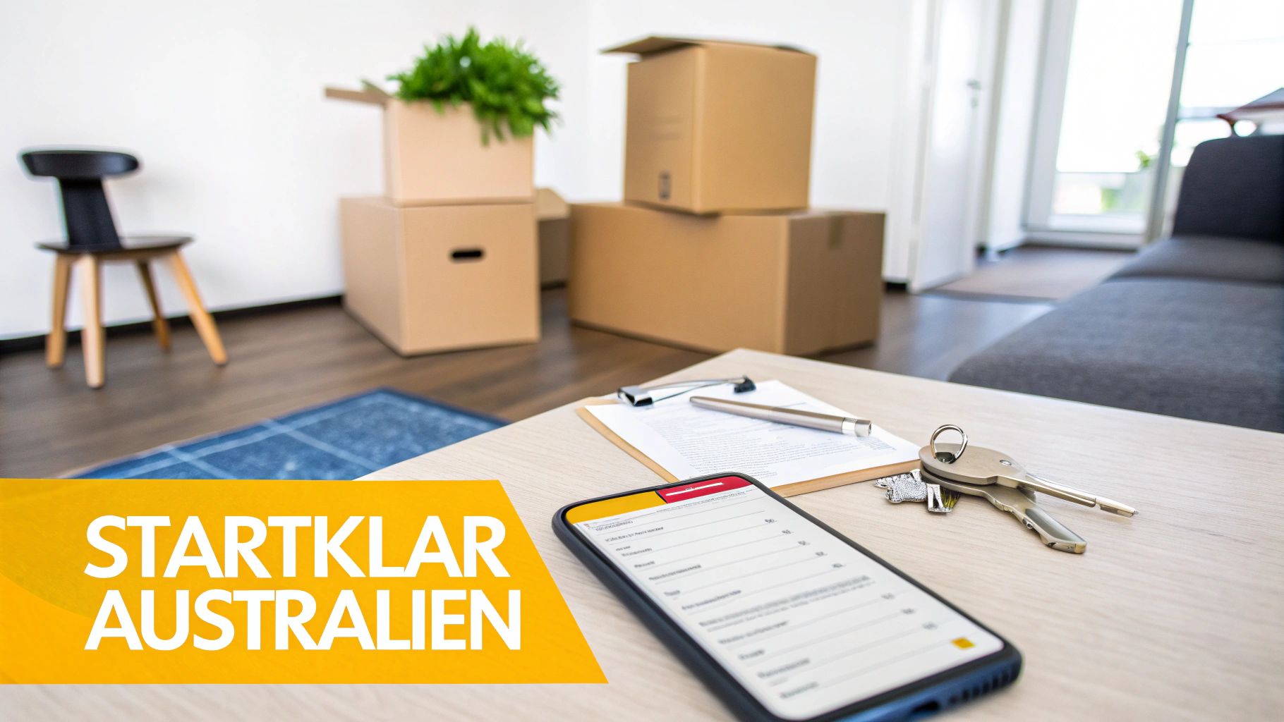 Eine Person hält einen Stift über eine Checkliste mit australischen Symbolen im Hintergrund, die Vorbereitung symbolisiert