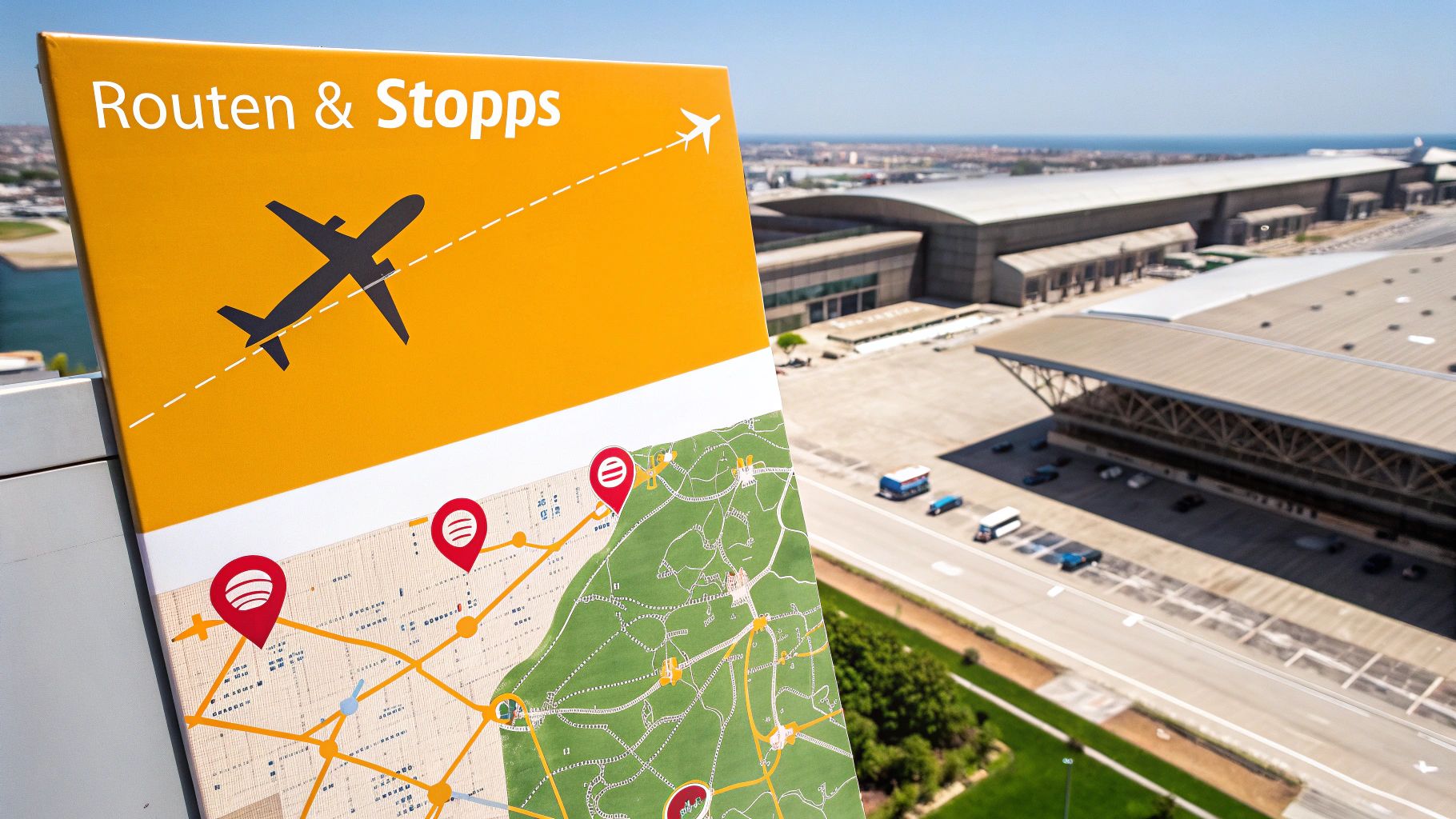 Eine digitale Weltkarte mit leuchtenden Flugrouten zwischen Kontinenten