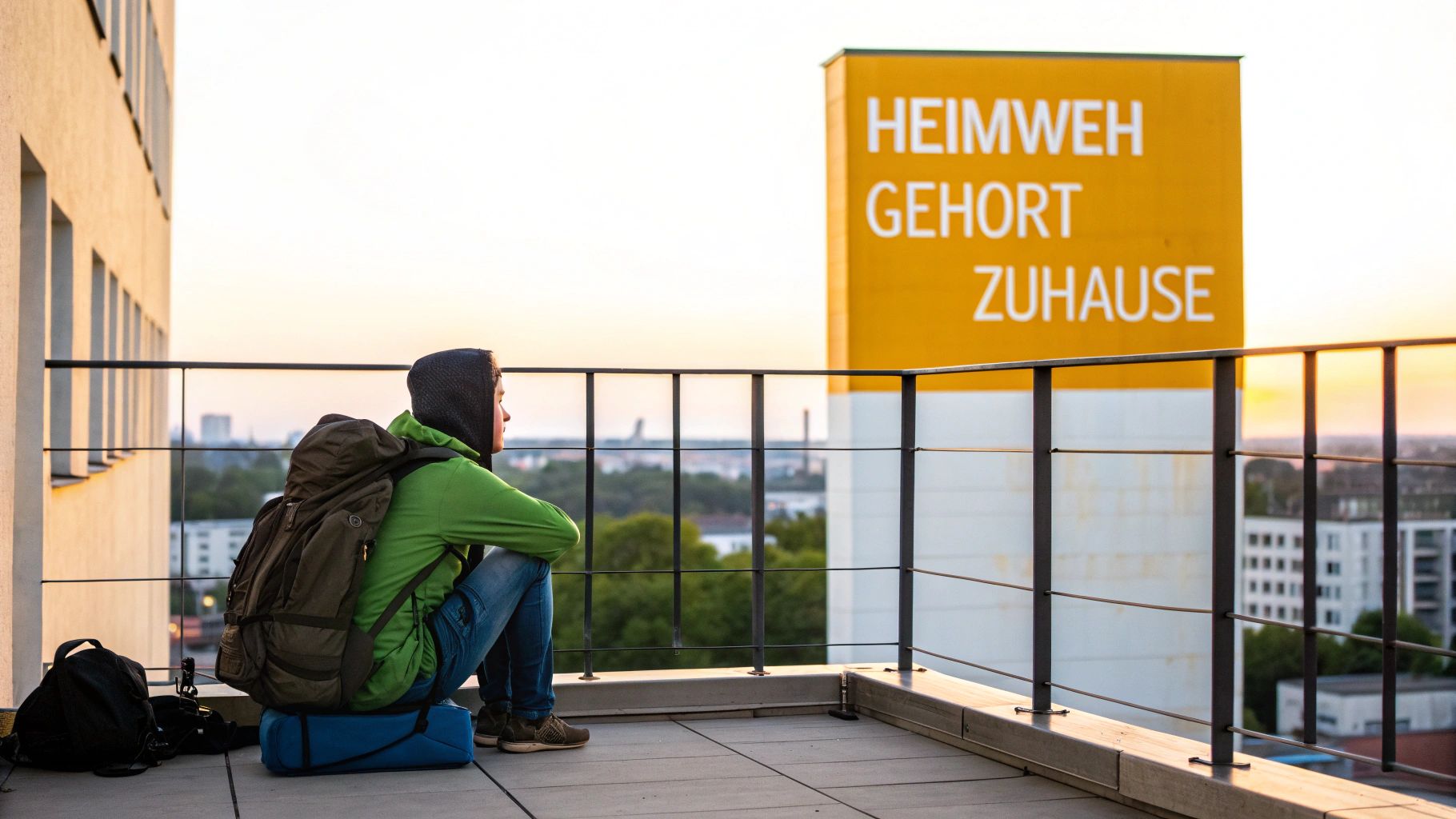 Ein einsamer Backpacker sitzt auf einer Felsklippe und blickt in die Ferne, was das Gefühl von Nachdenklichkeit und Heimweh darstellt.