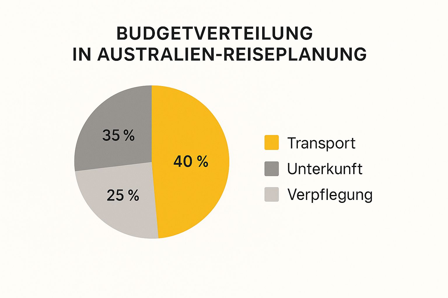 Infografik, die die Budgetverteilung bei der Reiseplanung für Australien als Kreisdiagramm darstellt: Transport (40 %), Unterkunft (35 %), Verpflegung (25 %).