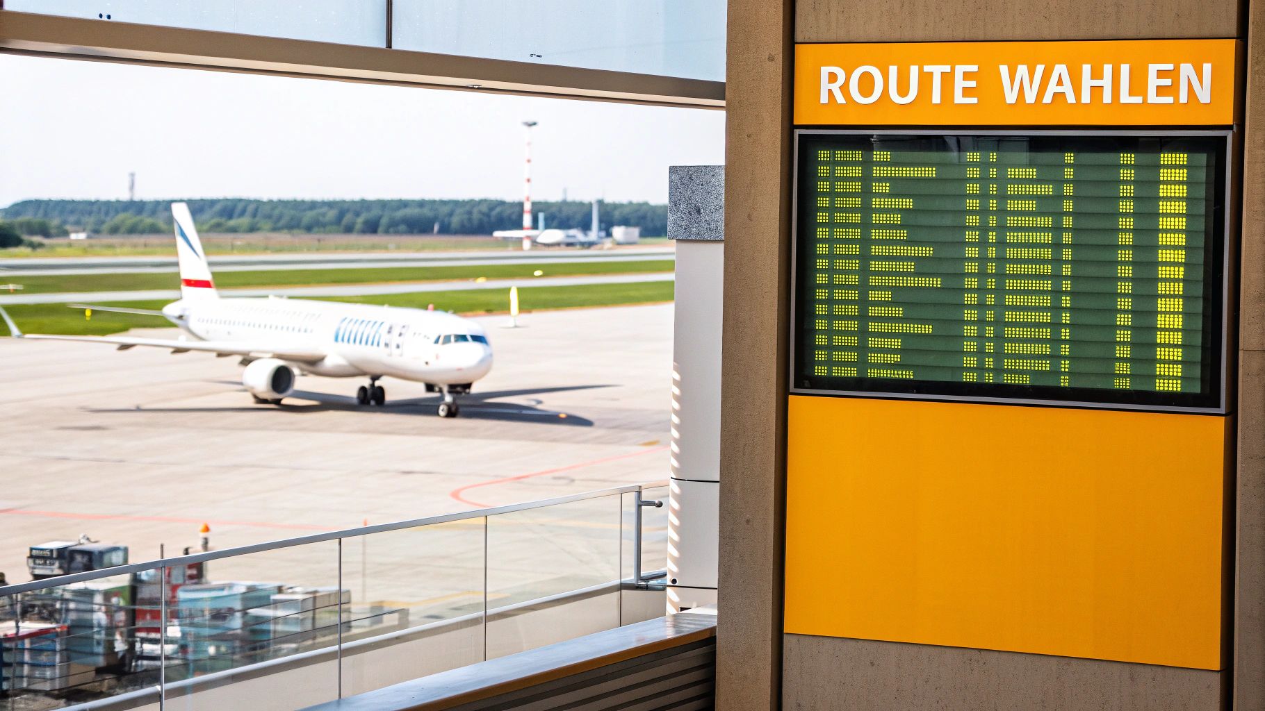 Passagiere gehen durch einen modernen, hellen Flughafen-Terminal mit Blick auf Flugzeuge.