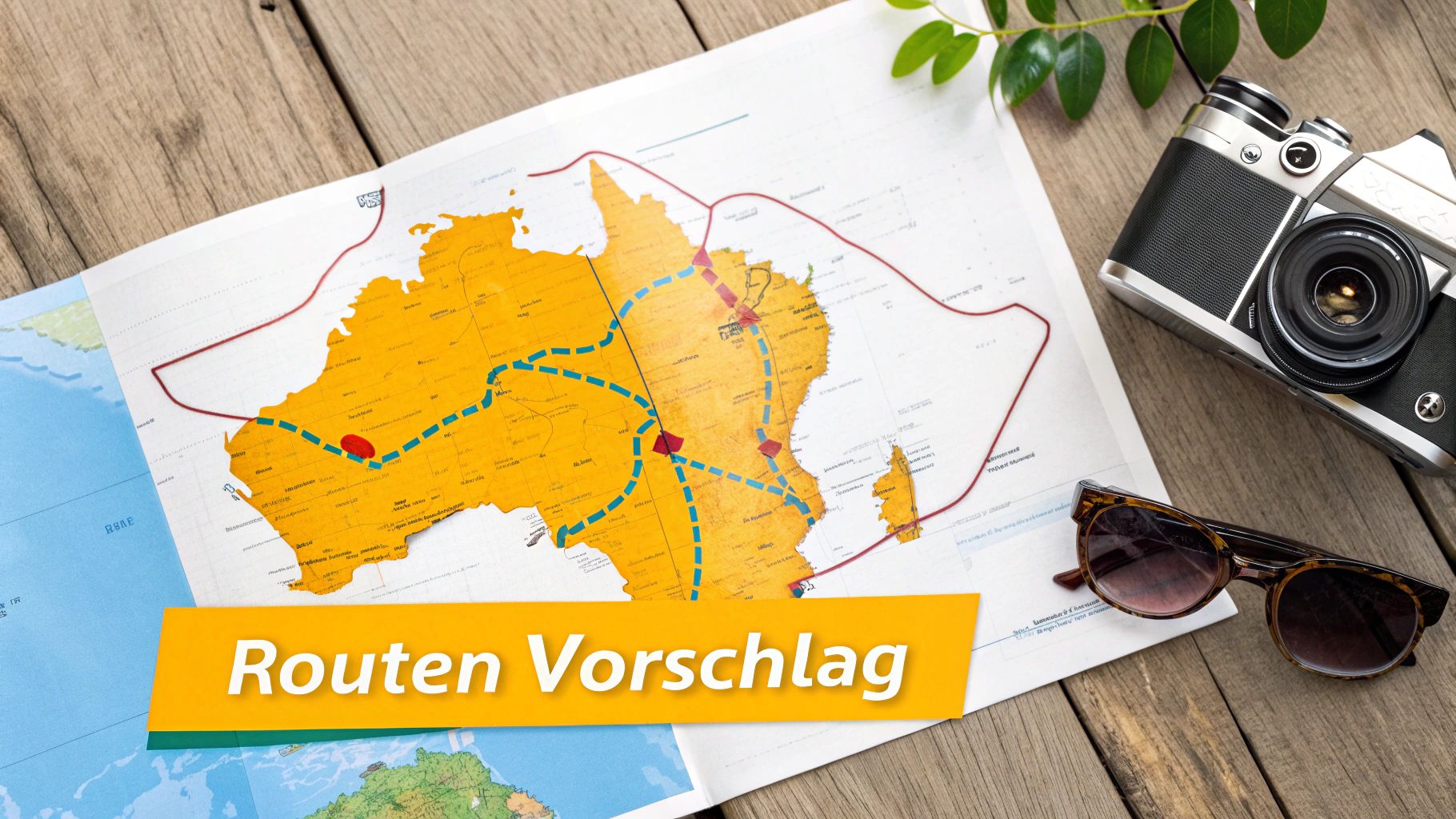 Eine Karte von Australien mit markierten Routen und Sehenswürdigkeiten