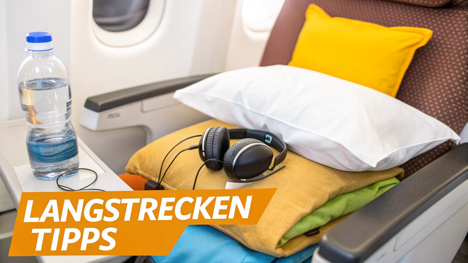 Eine junge Frau schaut entspannt aus einem Flugzeugfenster auf die Wolken