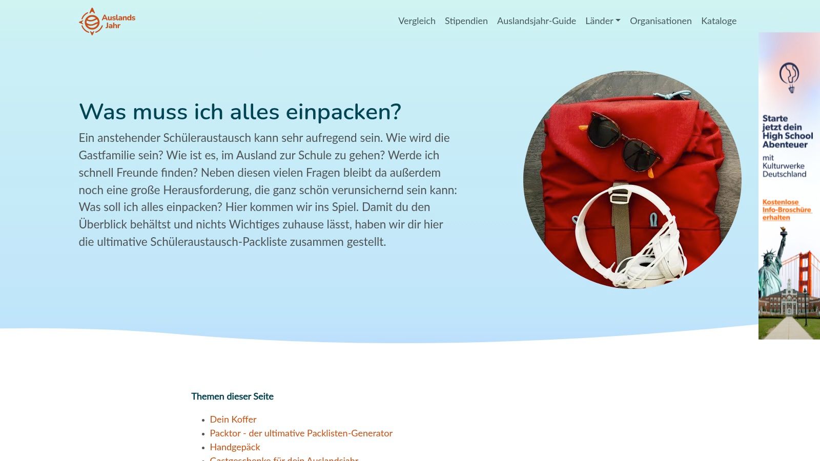 Screenshot der Packliste auf Auslandsjahr.org