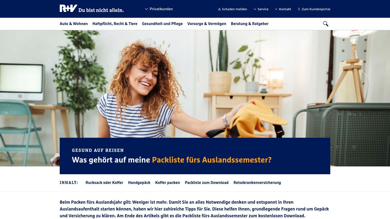 Screenshot der Packliste auf R+V Versicherung