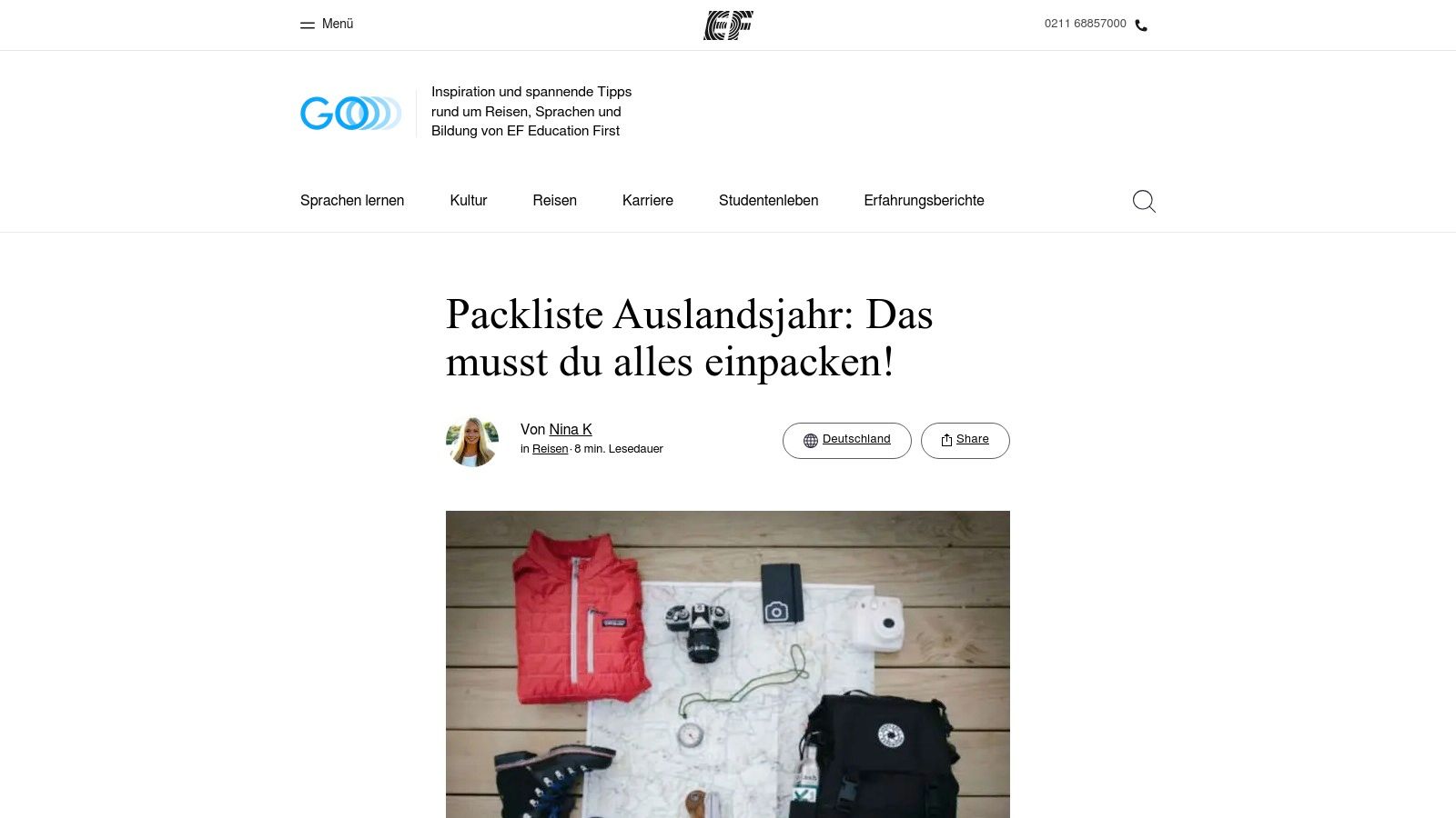 Screenshot der Packliste auf der EF-Website