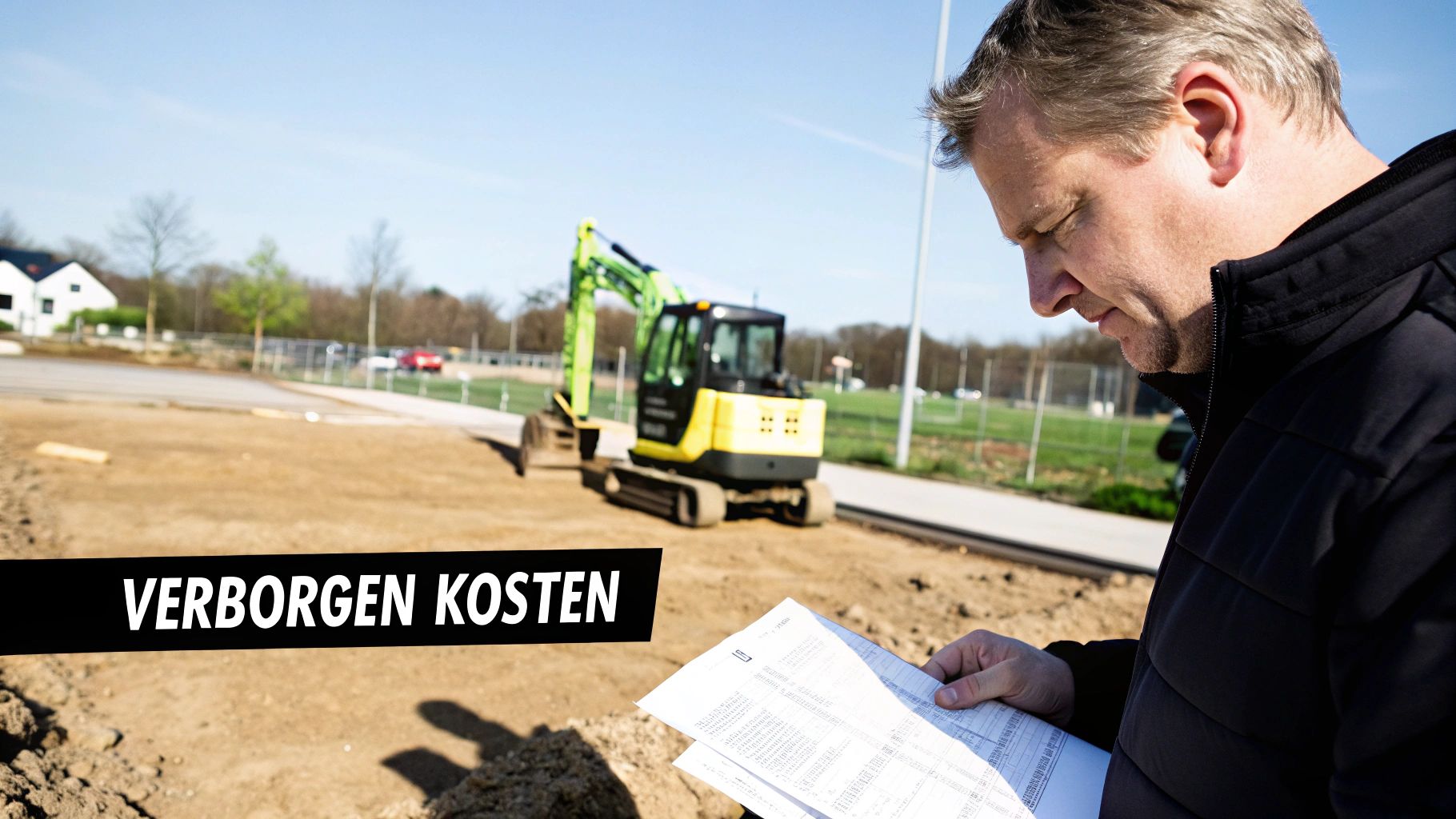 Een man inspecteert papieren op een bouwplaats met een graafmachine en 'VERBORGEN KOSTEN' tekst.