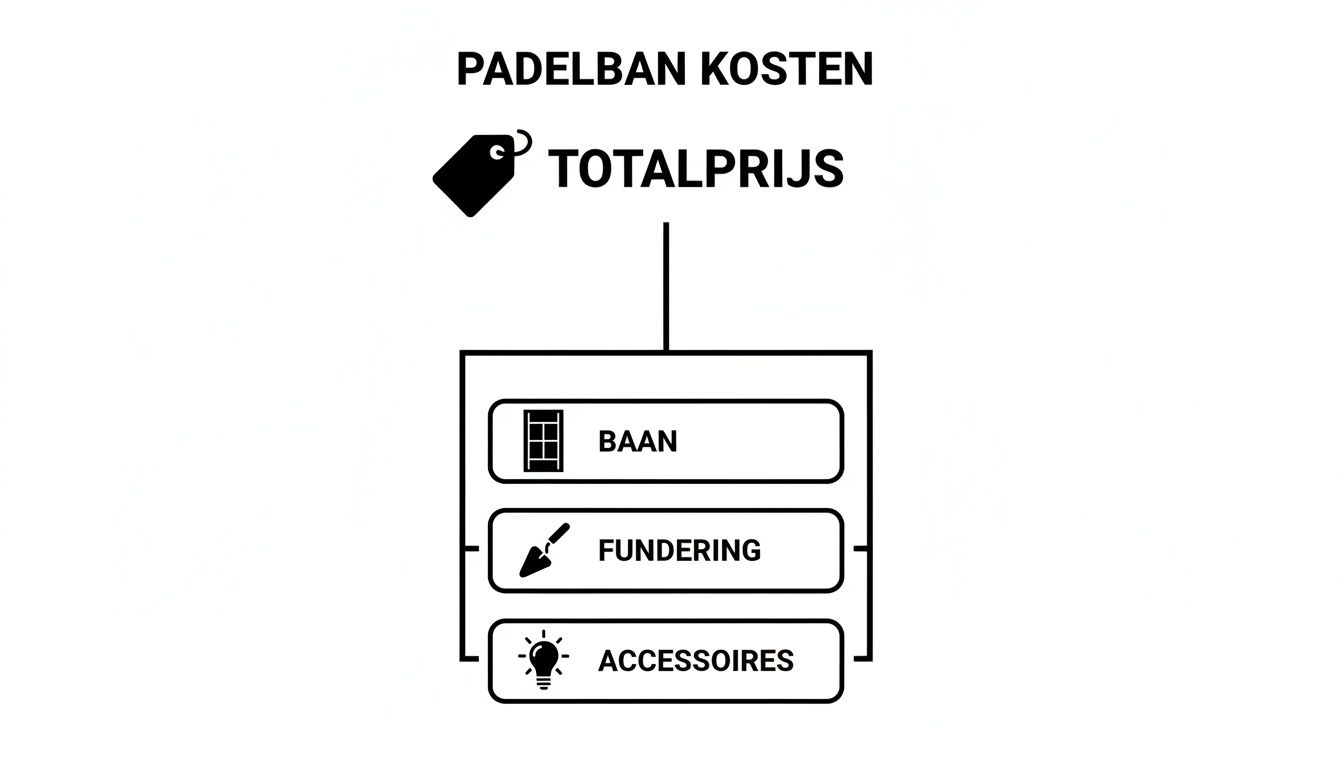 Overzicht van de totale kosten voor een padelbaan, onderverdeeld in baan, fundering en accessoires.