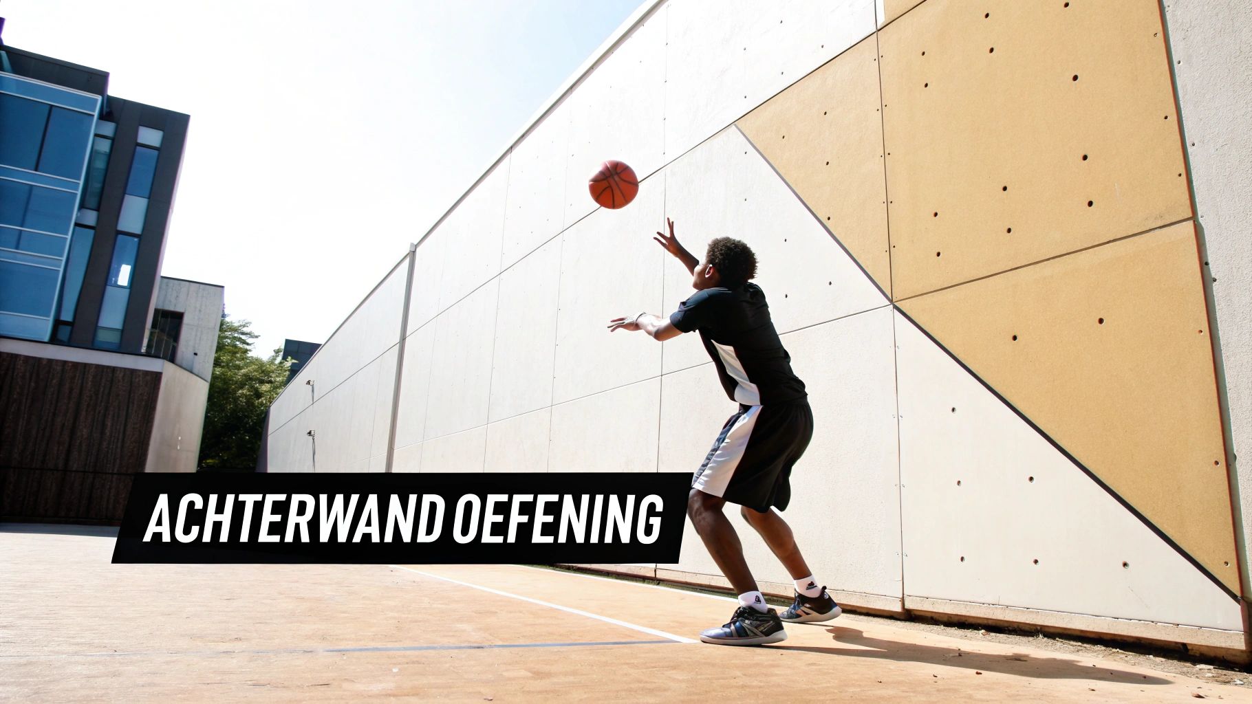 Een jonge man oefent met een basketbal tegen een hoge, moderne muur buitenshuis op een zonnige dag.
