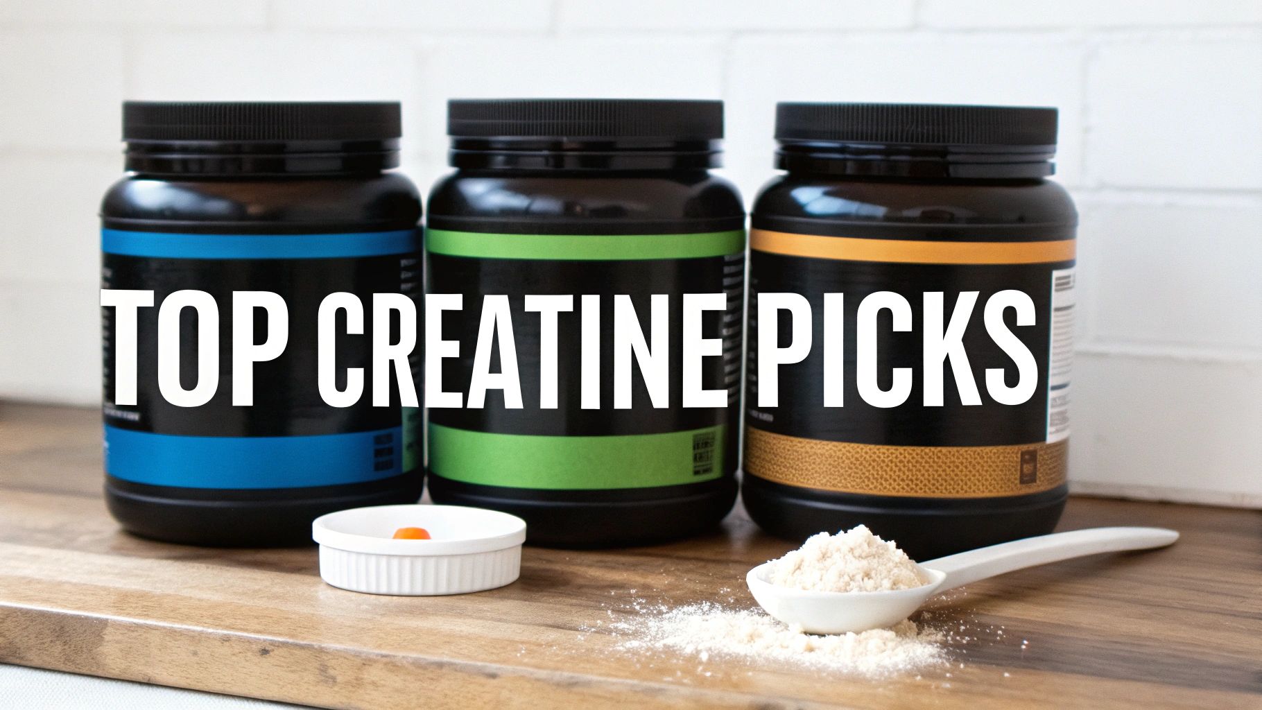 A scoop of creatine monohydrate powder held over a black supplement container, with loose powder sprinkled around it.