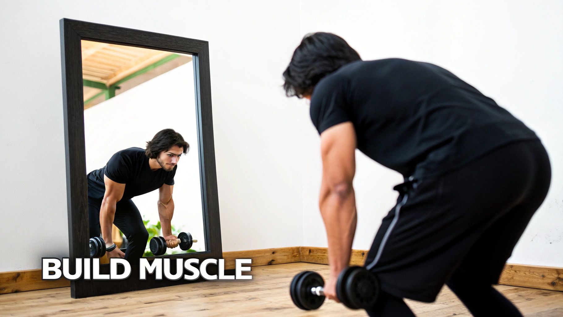 A person creating a workout plan on a tablet, with fitness equipment like dumbbells and a water bottle in the background.