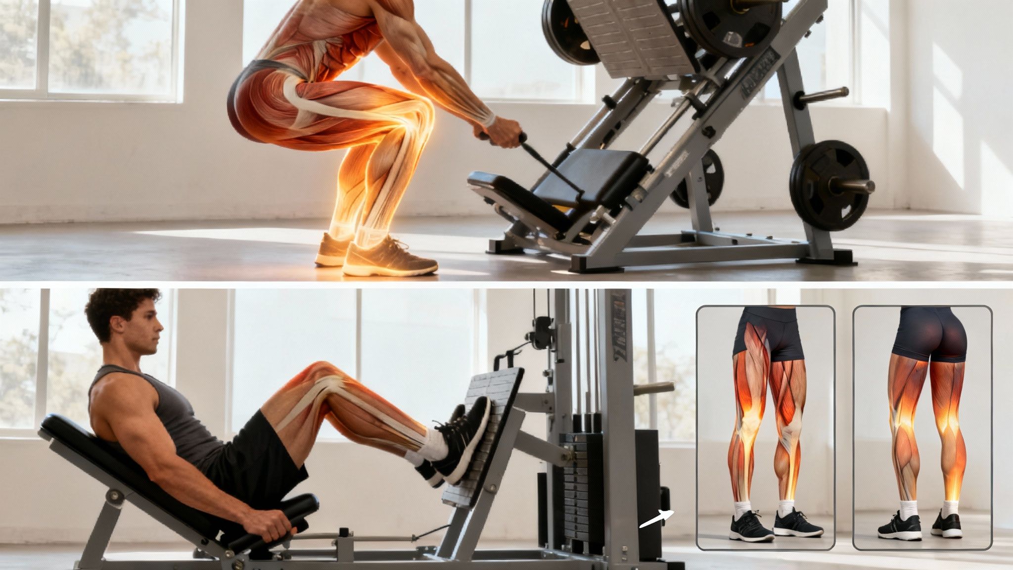 Athletes using a a leg press machine loaded with heavy weights