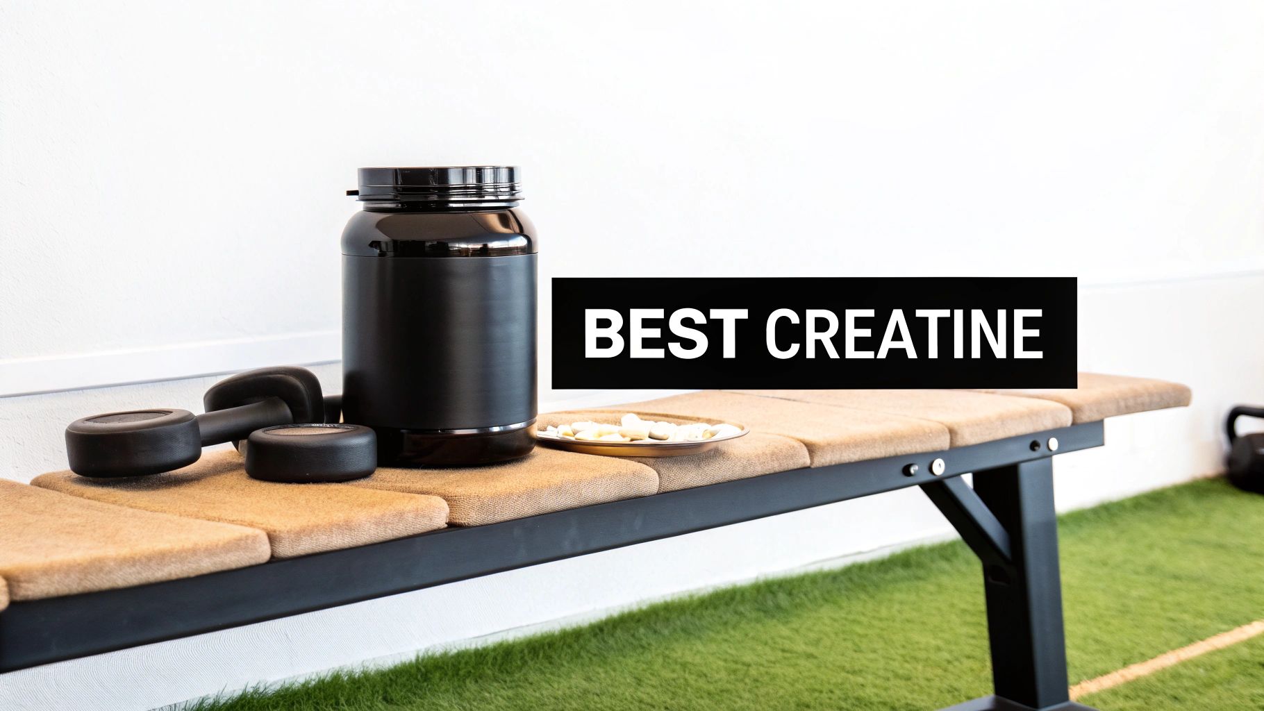 A scoop of white creatine powder next to a black supplement container on a dark surface