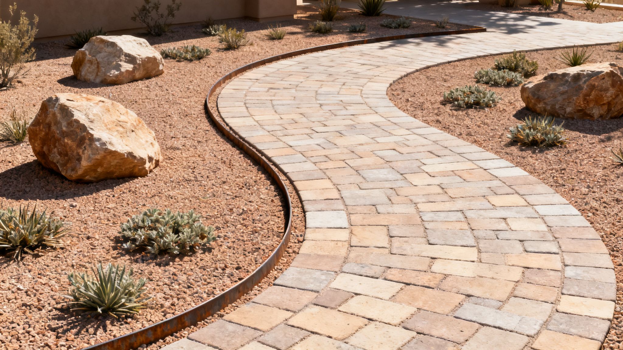 A winding paver pathway curves through a desert landscape with large rocks, gravel, and drought-tolerant plants.