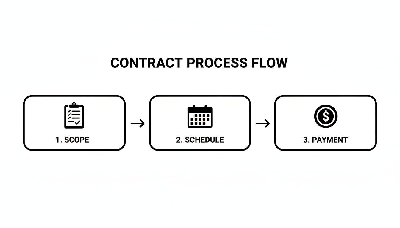 A contract process flow diagram with three steps: scope, schedule, and payment with respective icons.