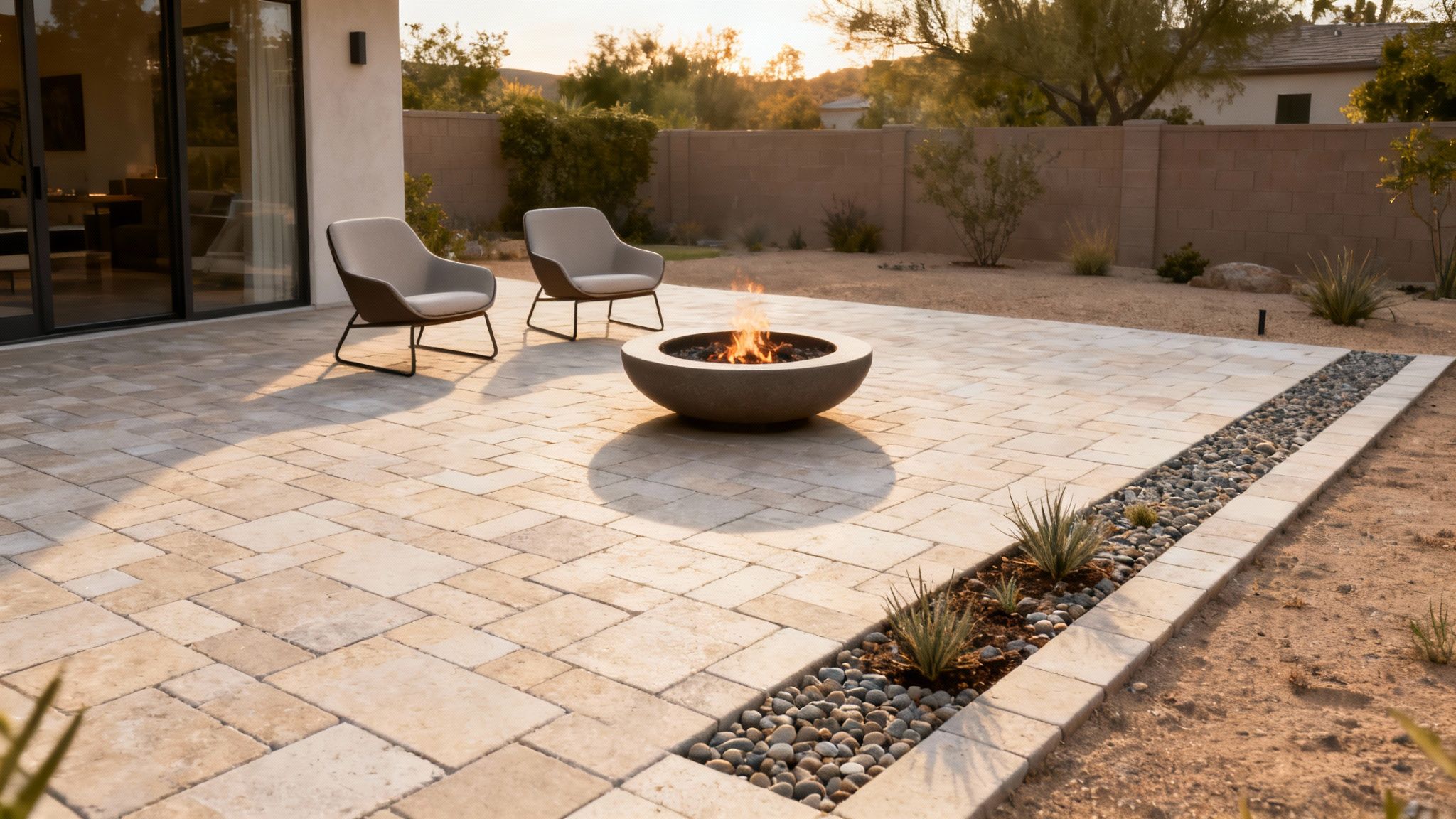 Outdoor patio with a lit fire pit, two chairs, and desert landscaping at sunset.