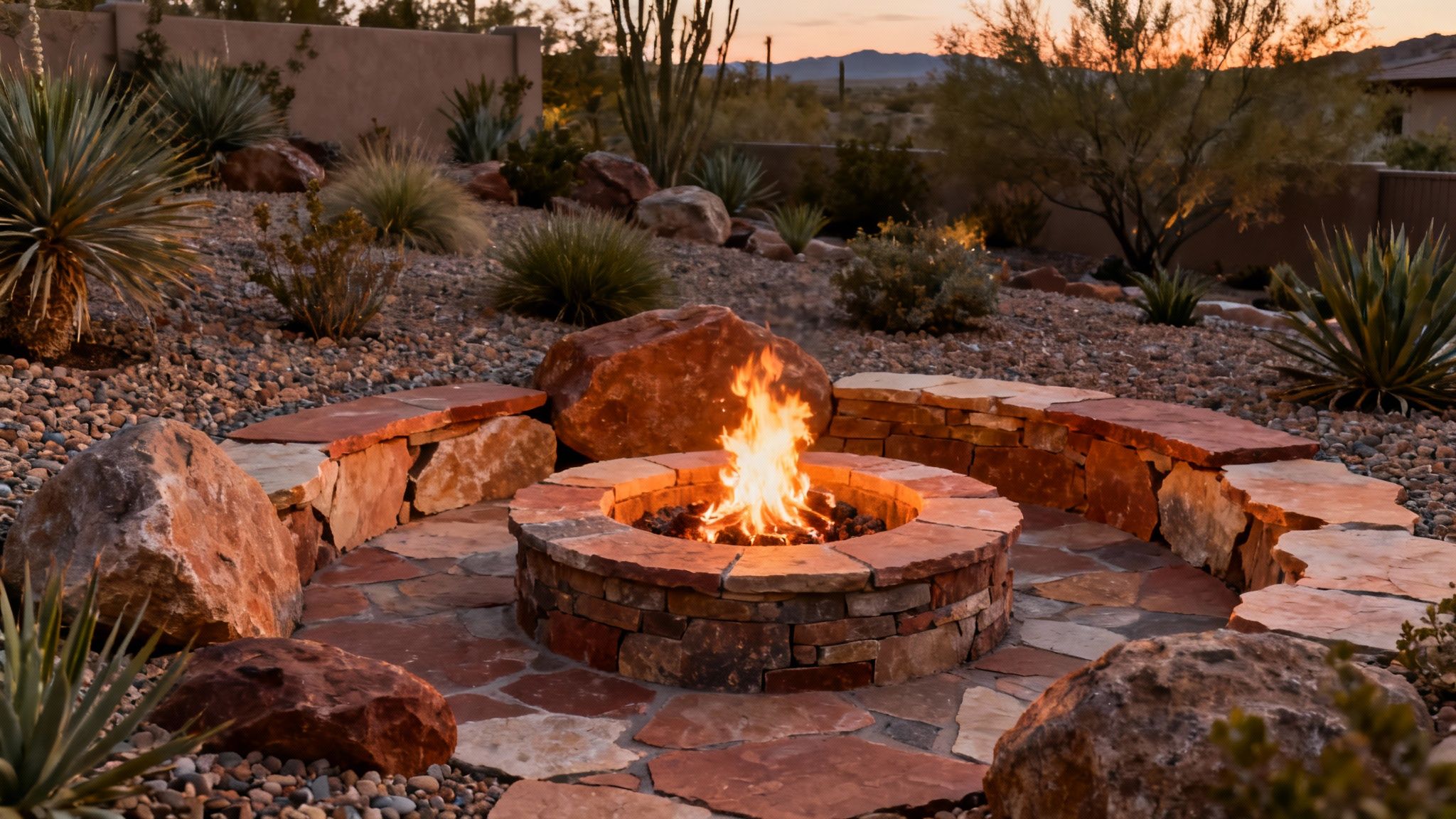 A cozy desert backyard features a lit fire pit, stone seating, and drought-tolerant plants at dusk.