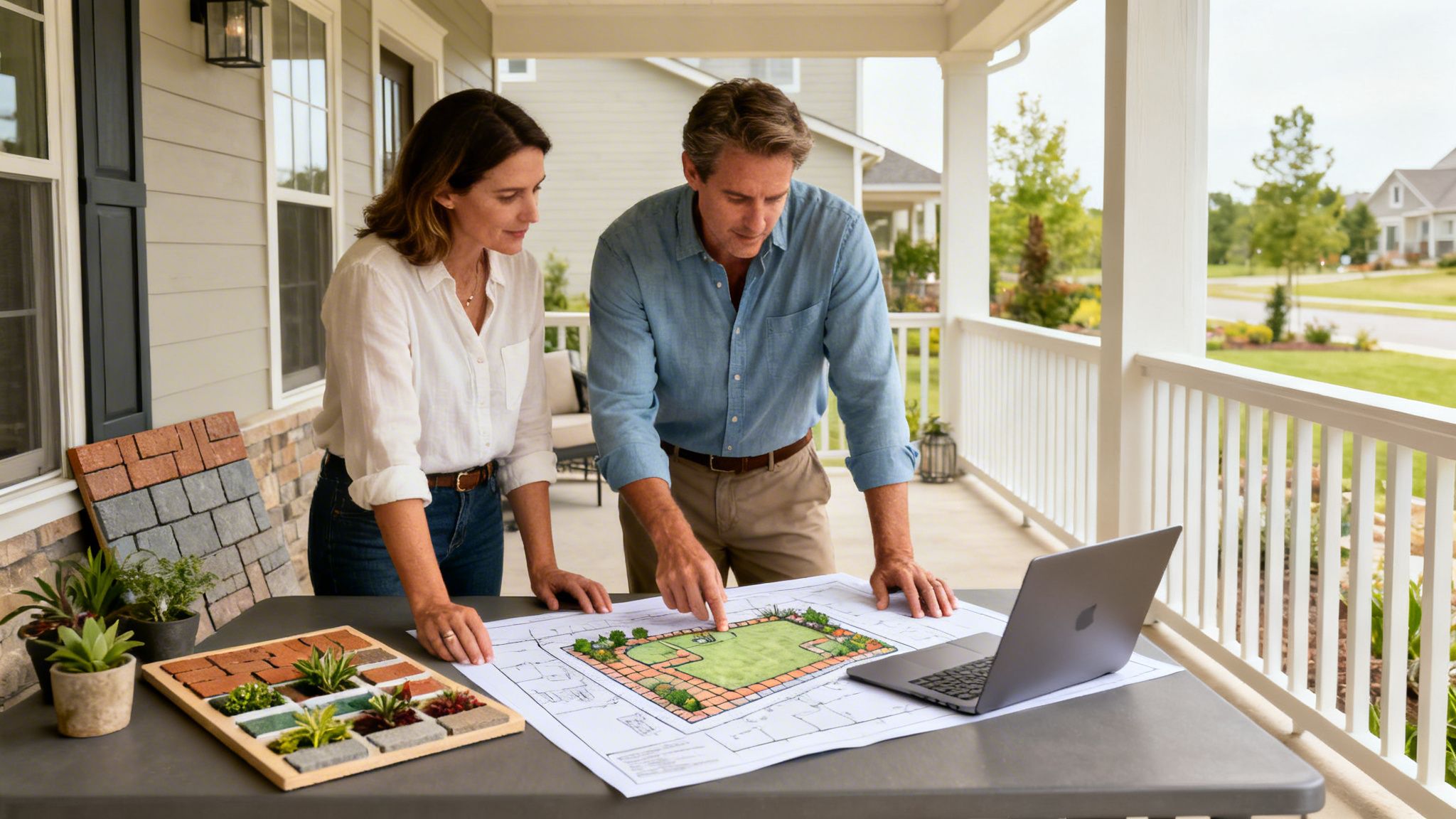 Couple reviews outdoor landscaping plans with samples on a porch, laptop nearby.