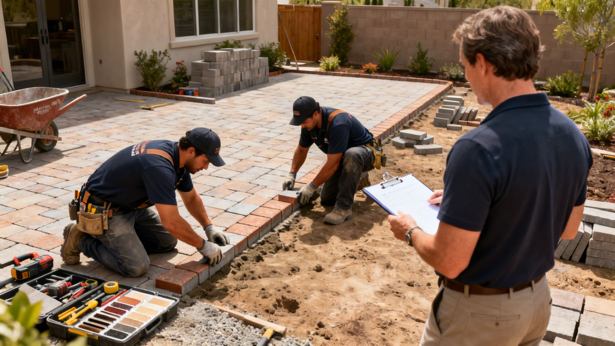 Landscapers lay pavers for a new patio as a supervisor reviews plans.