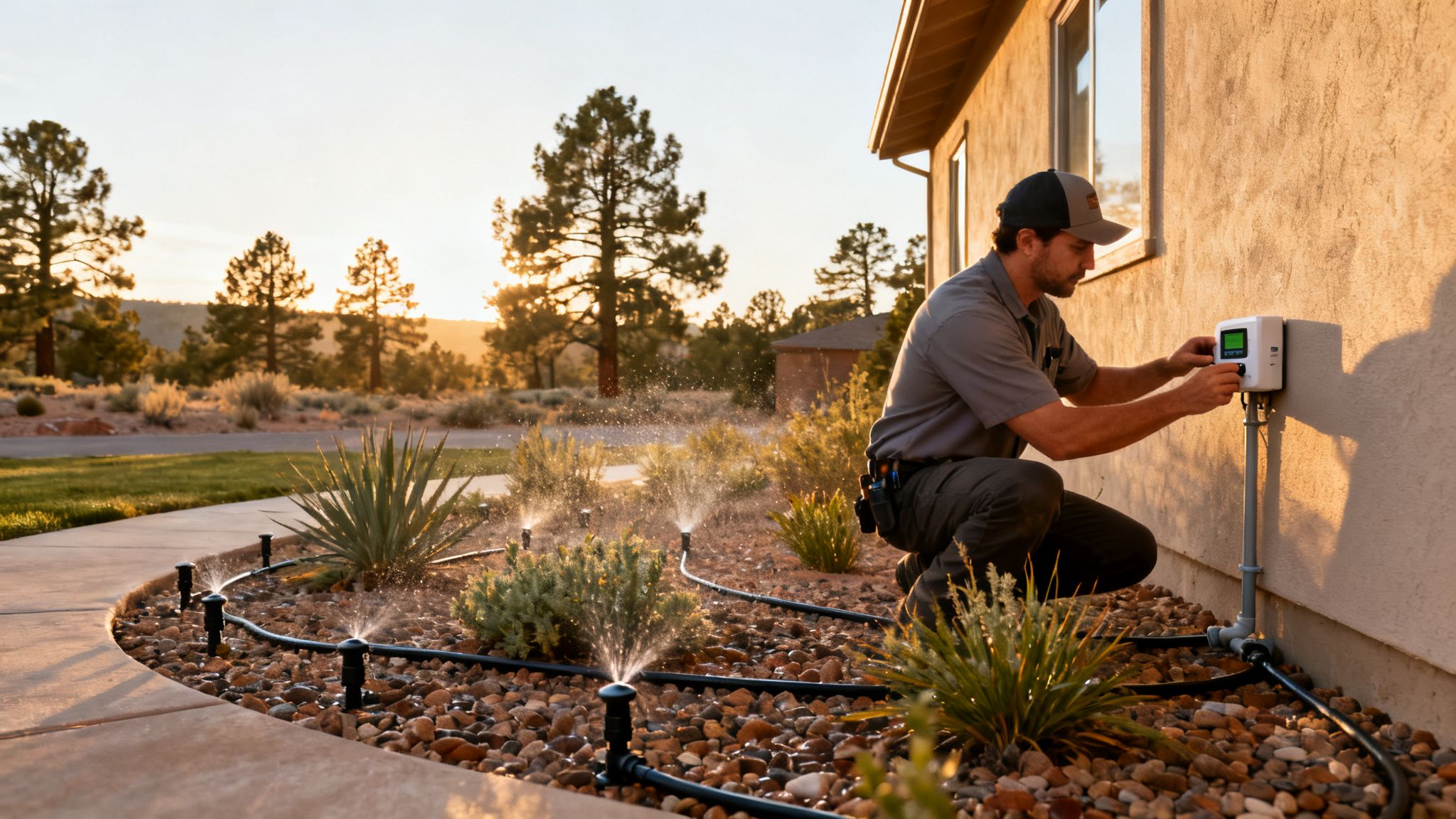 A technician adjusts a smart irrigation controller on a house wall, watering desert plants at sunset.