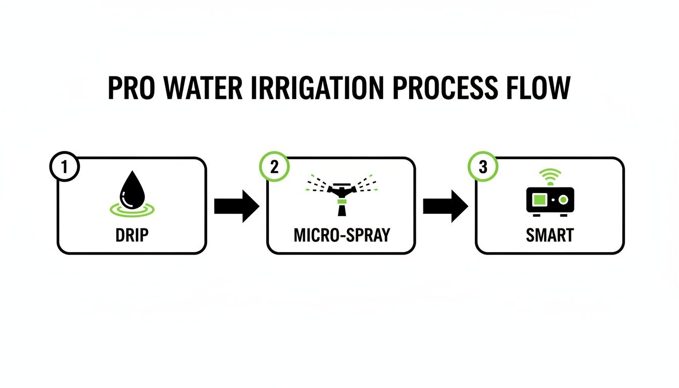 A process flow diagram showing Pro Water Irrigation steps: Drip, Micro-Spray, and Smart.