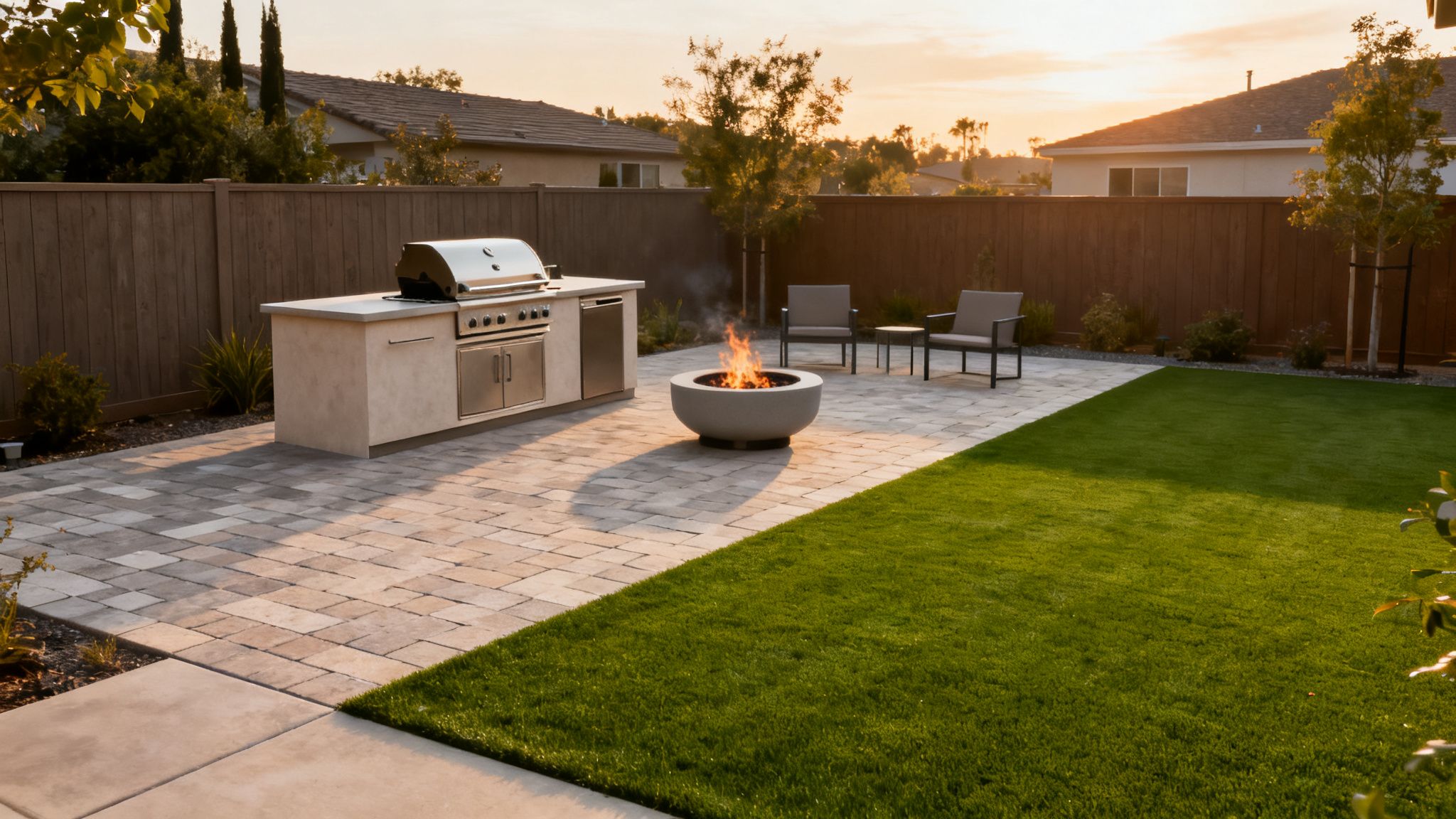 Modern backyard patio with outdoor kitchen, grill, lit fire pit, and green lawn at sunset.