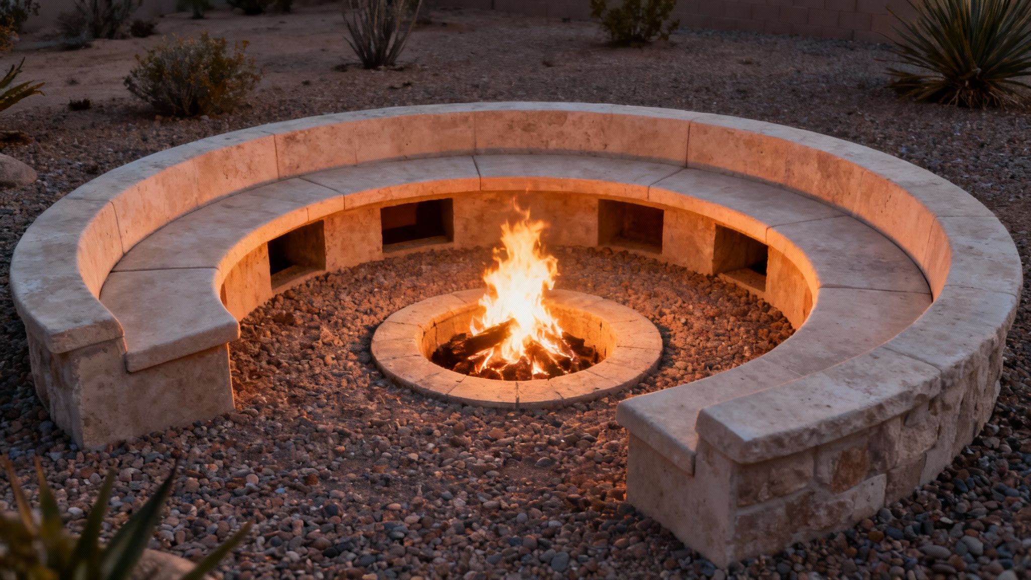 A cozy stone fire pit with a blazing fire, encircled by a curved bench in a gravel backyard.