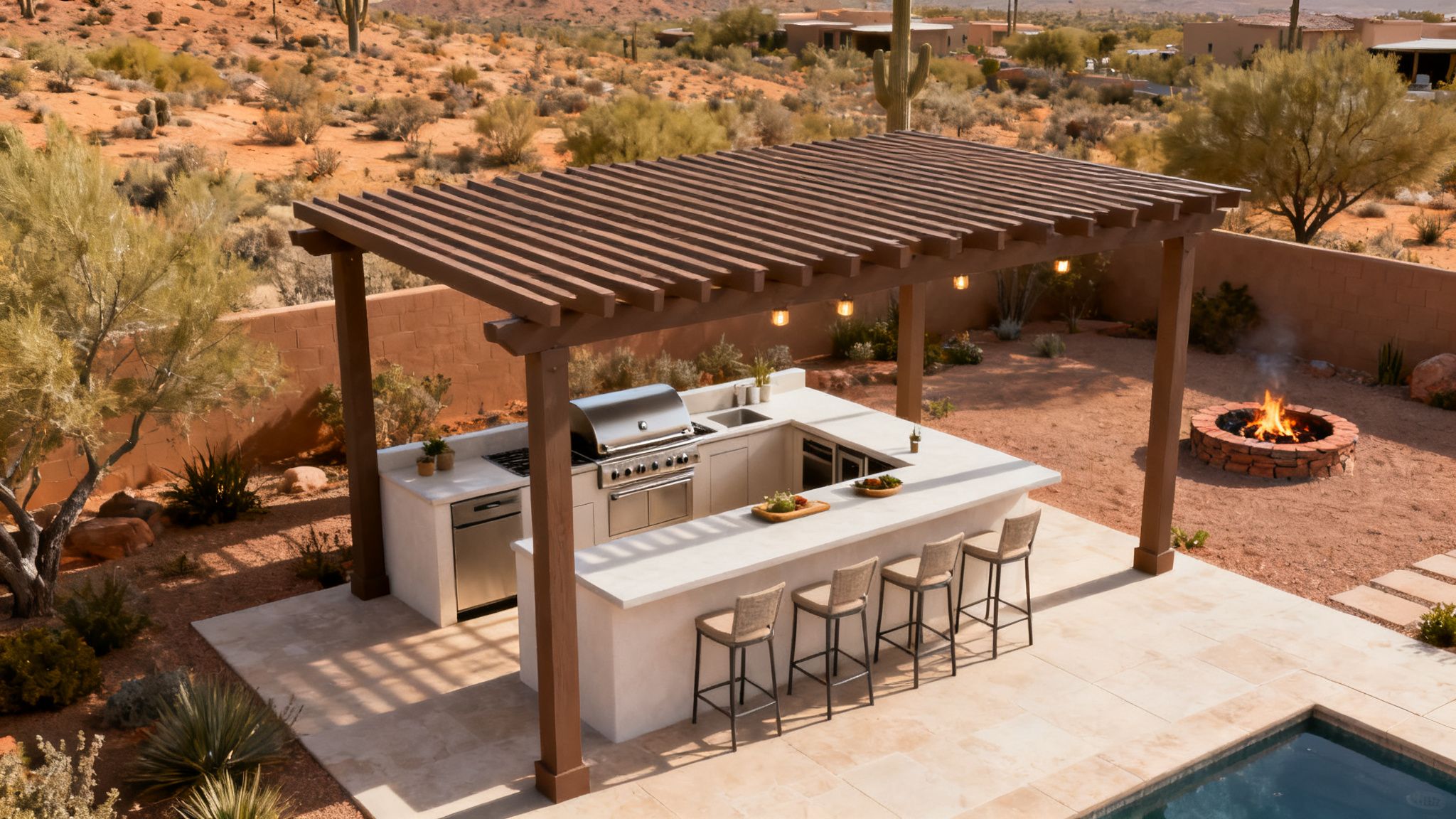Desert backyard with an outdoor kitchen, pergola, bar stools, fire pit, and swimming pool.