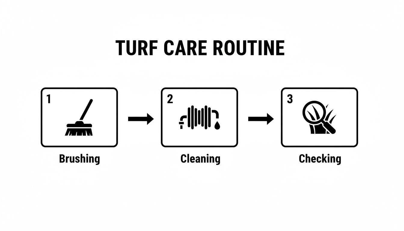 Three-step turf care routine: brushing with a broom, cleaning with a hose, and checking grass.