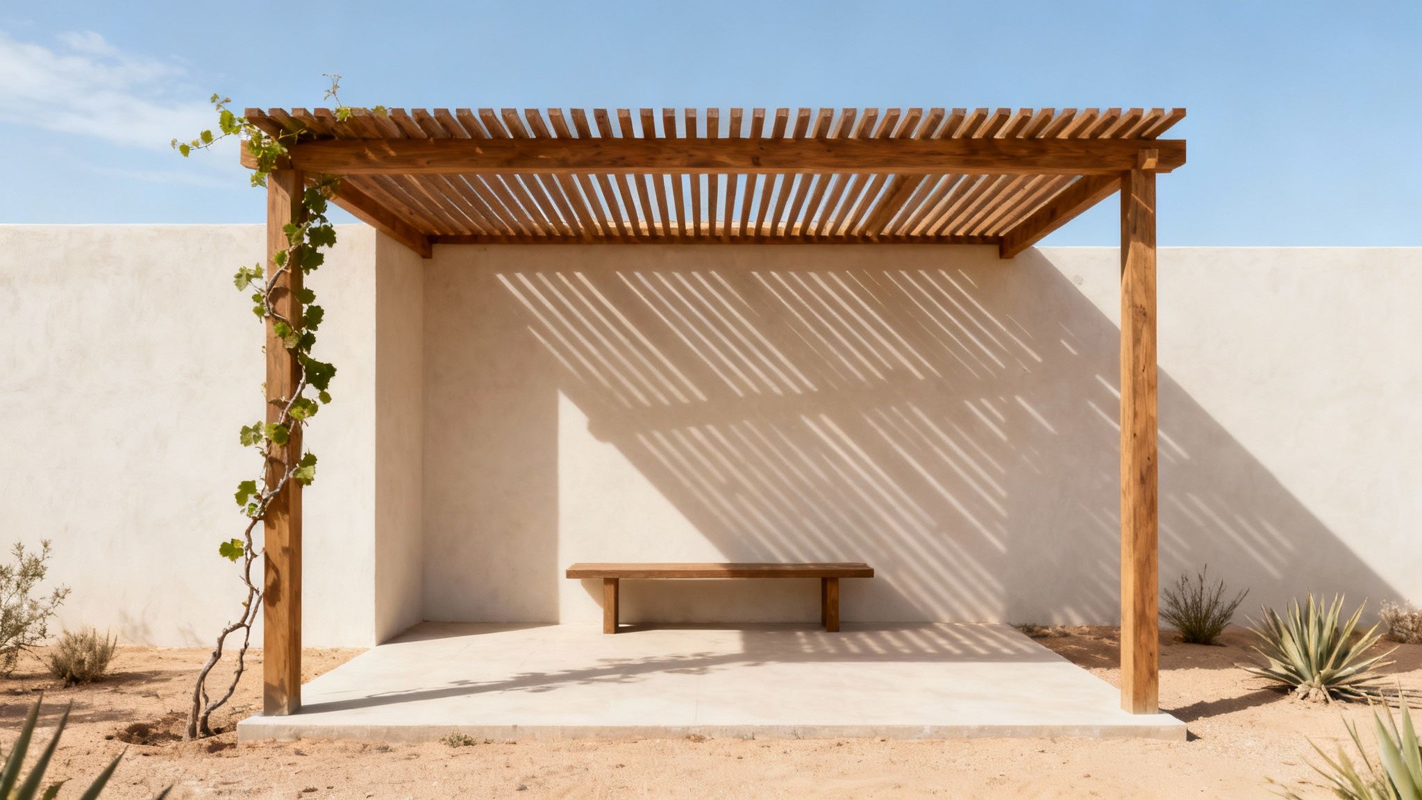 A modern wooden pergola with a bench, casting striped shadows on a wall, in a desert setting.