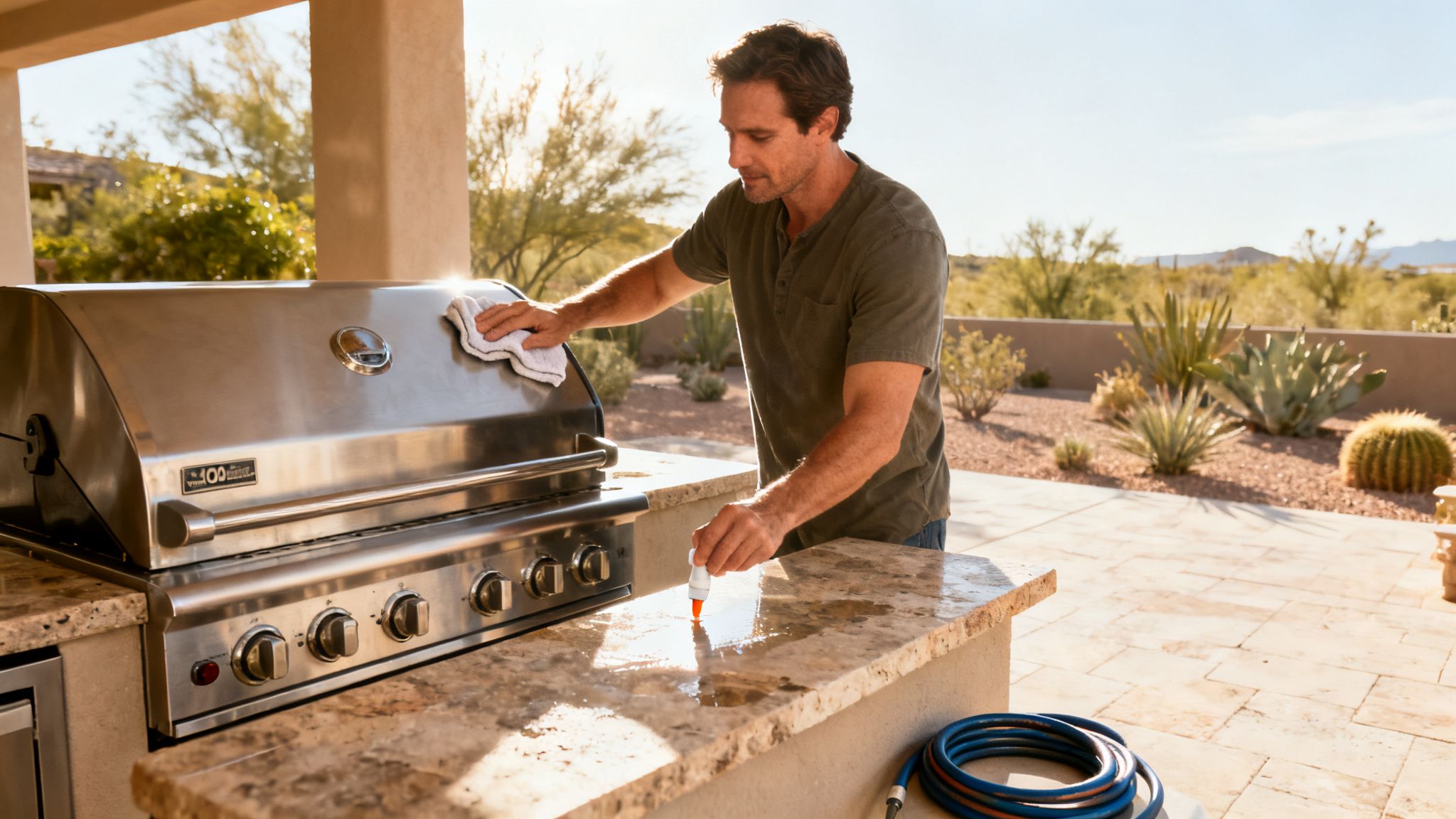 A man cleans a stainless steel outdoor grill and granite countertop on a sunny patio.