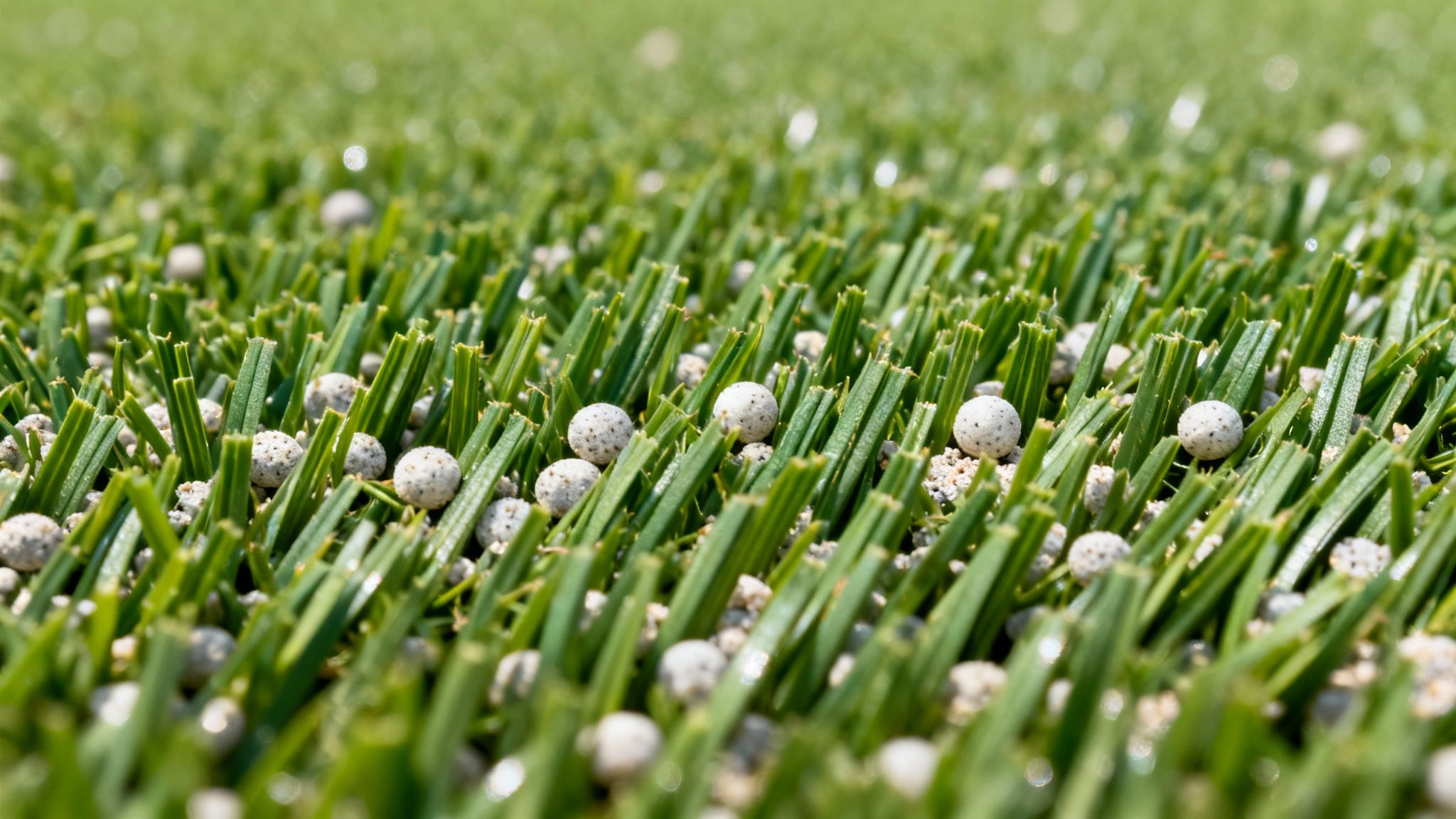 Close-up of green artificial turf blades with small, round, light-colored infill pellets scattered.