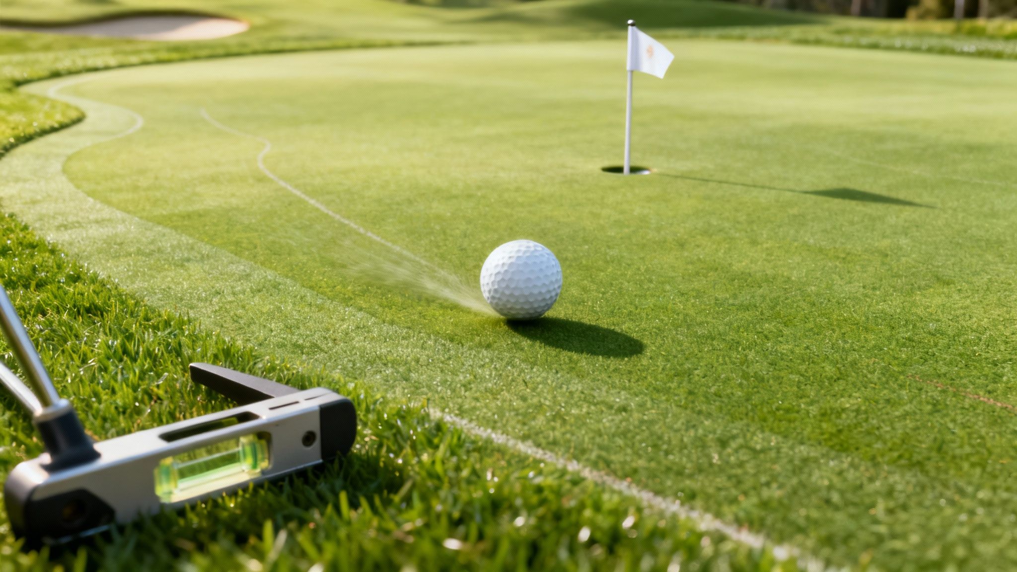 A golf ball rolling on a vibrant green putting surface towards a flag and hole, with a putting level in the foreground.
