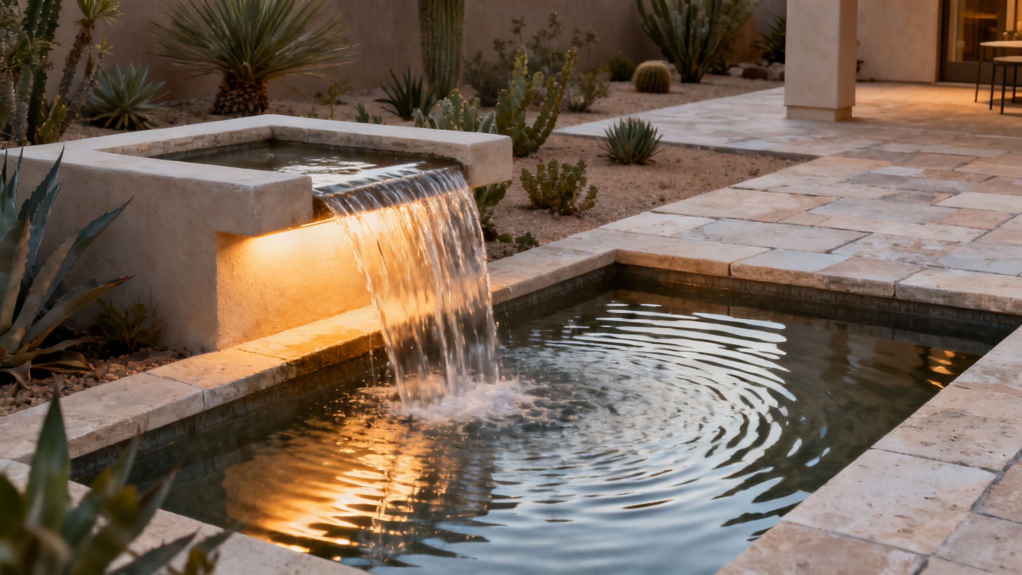 A modern outdoor water feature with a lighted waterfall flowing into a tiled basin, surrounded by desert plants.