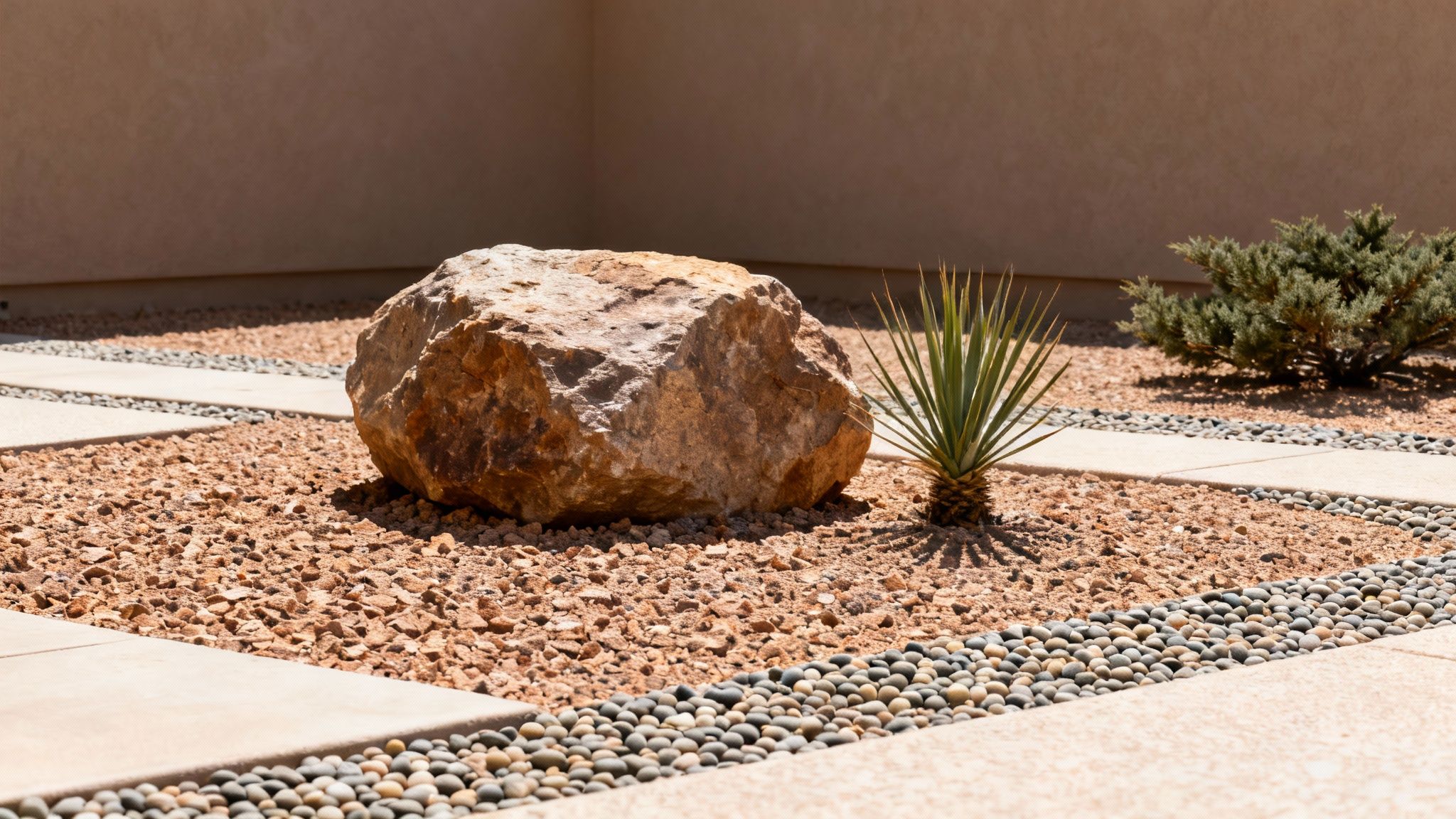 A low-maintenance desert backyard featuring a large boulder, yucca plant, and gravel pathways.