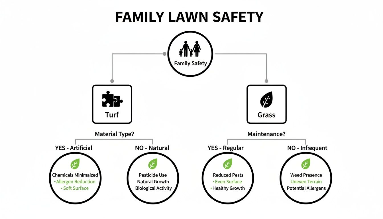 A flowchart comparing family lawn safety aspects of artificial turf versus natural grass based on material and maintenance.