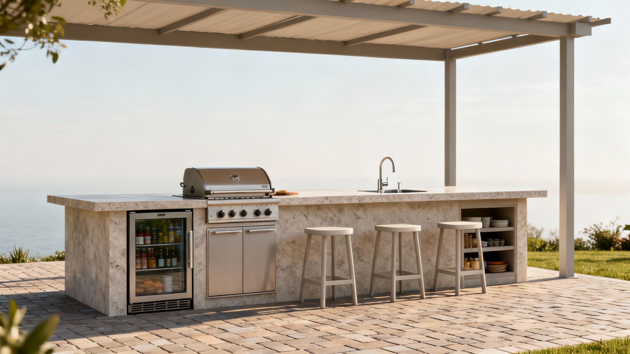 Outdoor kitchen with grill, fridge, sink, and bar stools under a pergola overlooking the ocean.