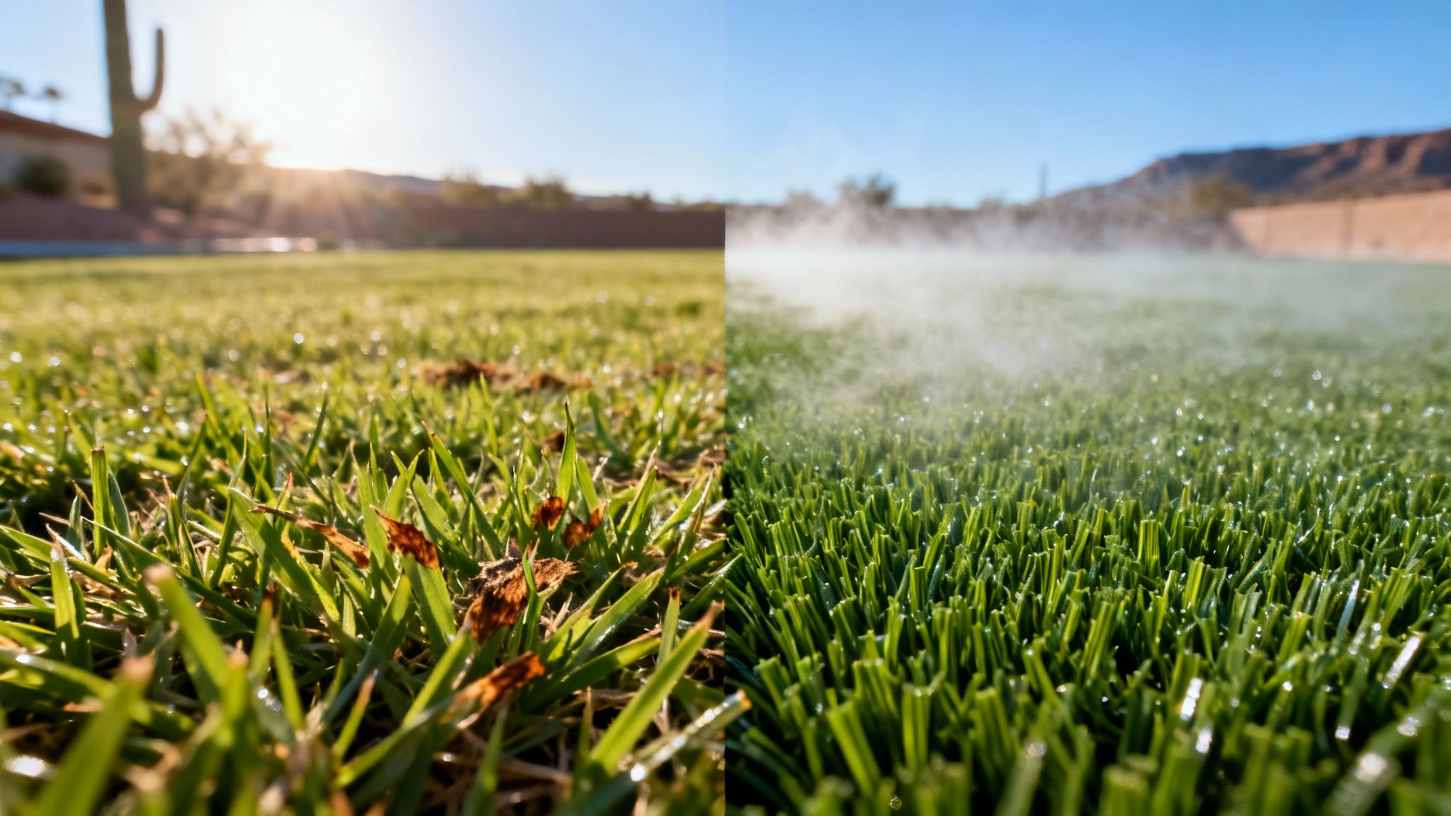 A side-by-side comparison of sunlit natural grass with dew versus vibrant artificial turf with water mist.