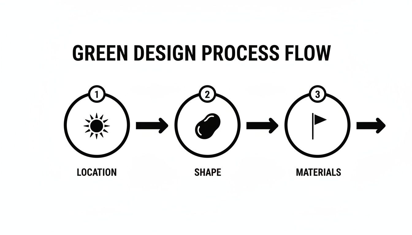 A diagram titled 'Green Design Process Flow' showing three steps: location, shape, and materials, with icons.