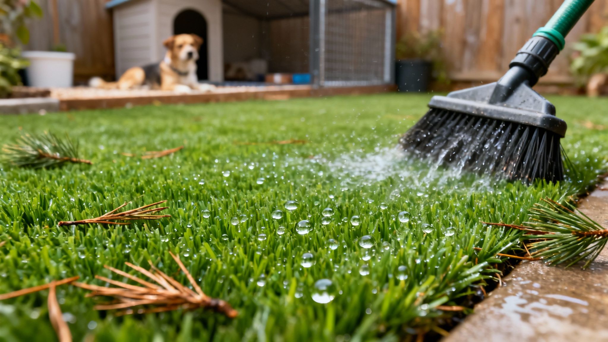 Water droplets glistening on artificial turf being cleaned by a brush, with a dog relaxing nearby.