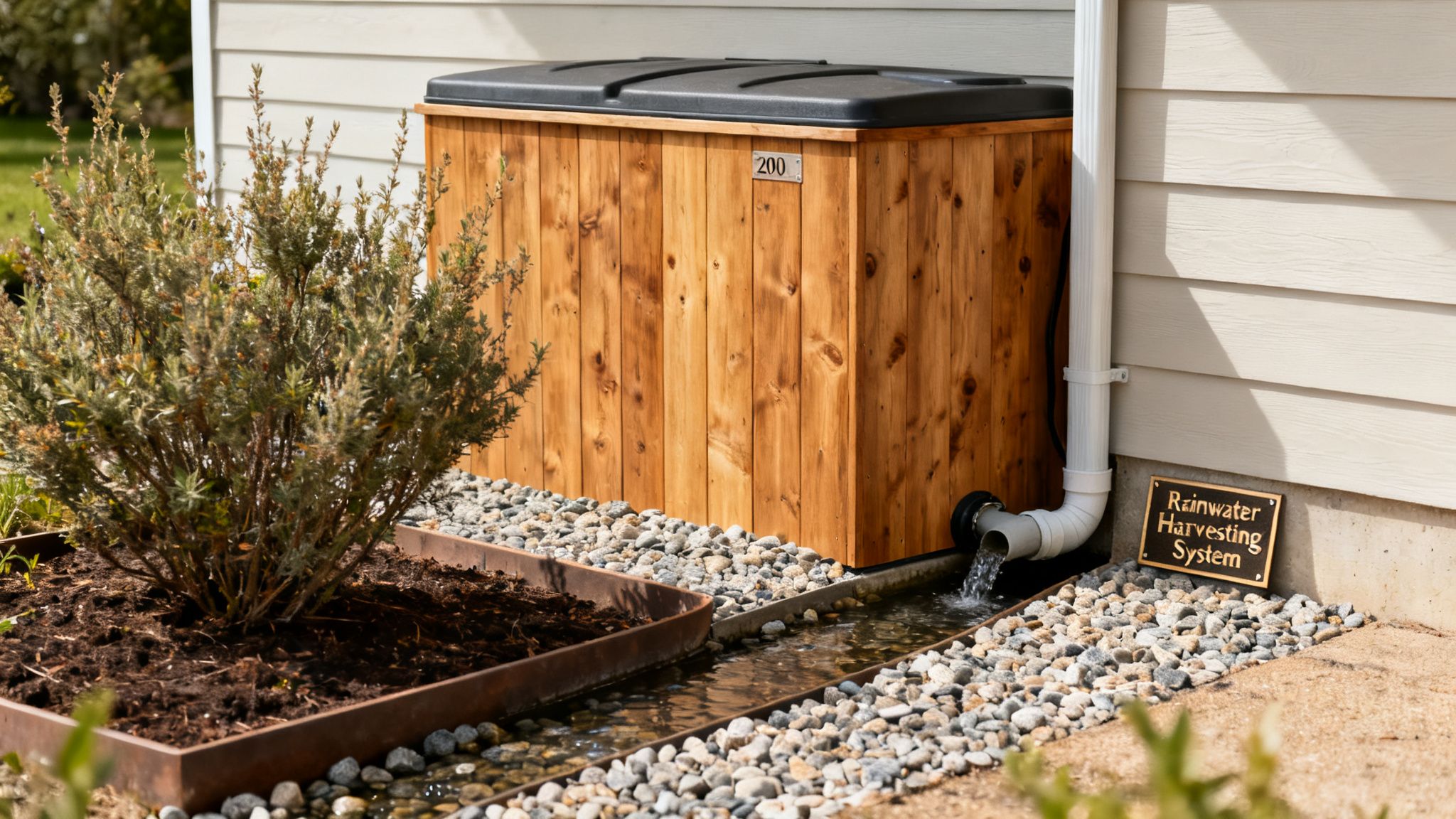 A wooden rainwater harvesting system collects water from a house, flowing into a rock channel.