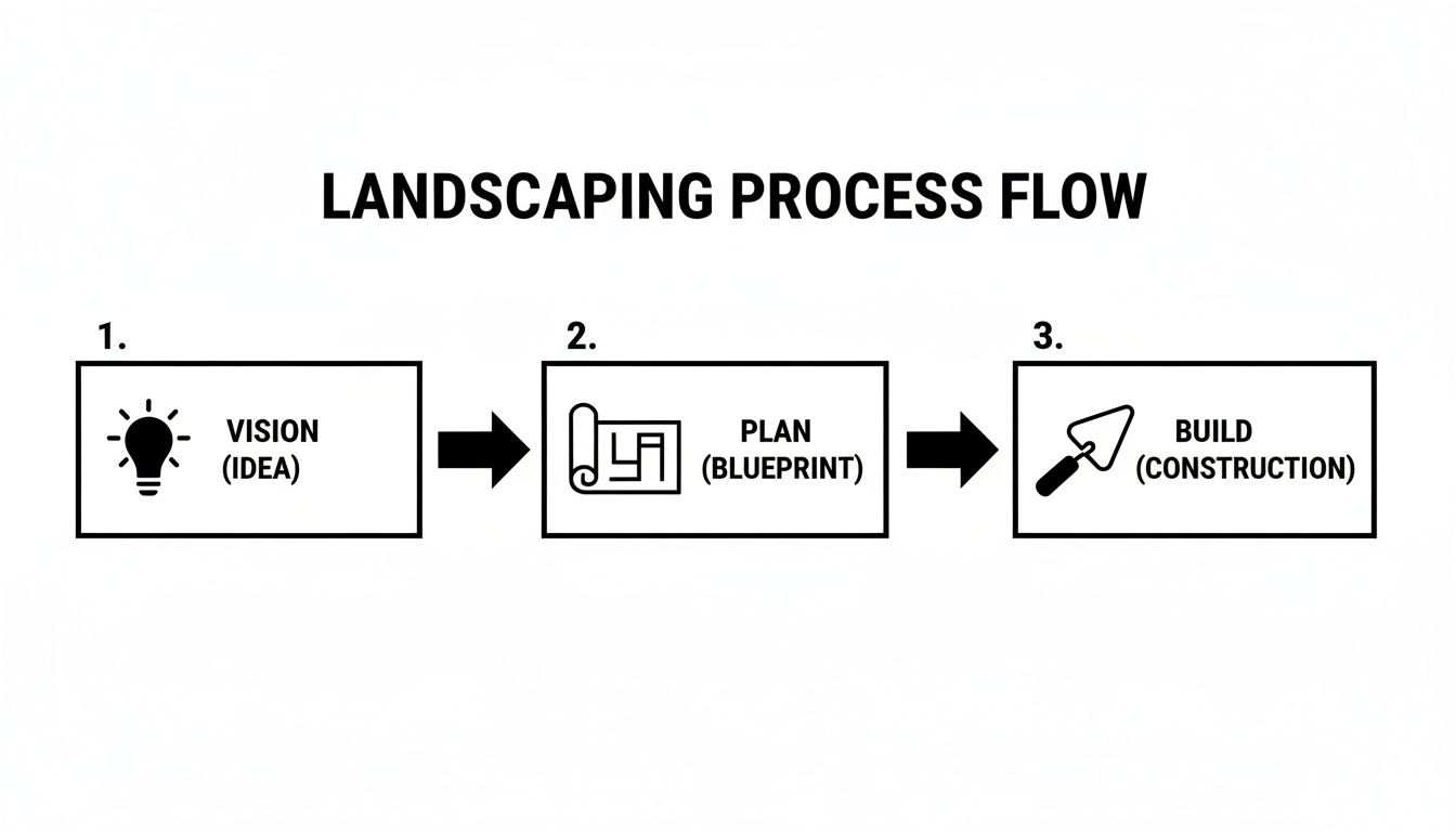 A clear infographic illustrating the three-step landscaping process: Vision, Plan, and Build.