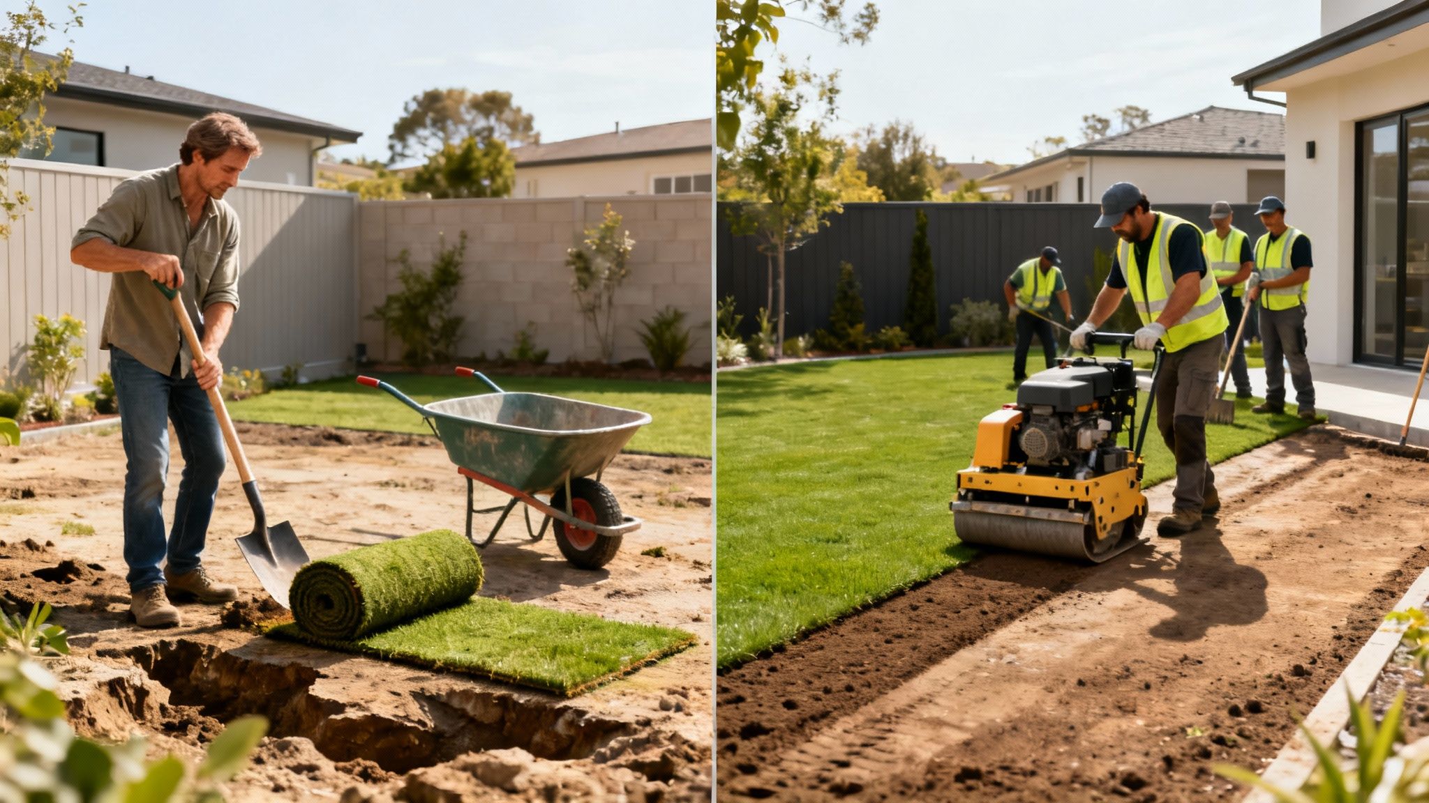 Two scenes of backyard landscaping: a man preparing soil with a shovel and a team installing new turf.